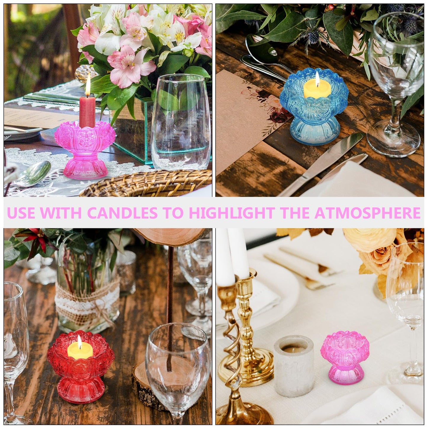 Alipis 3pcs High Base Glass Candleholders Set, Religious Butter Lamp Candle Holders with Blue, Red, and Pink Small Crystal Glass Tealight Stands for Home Décor and Spiritual Use