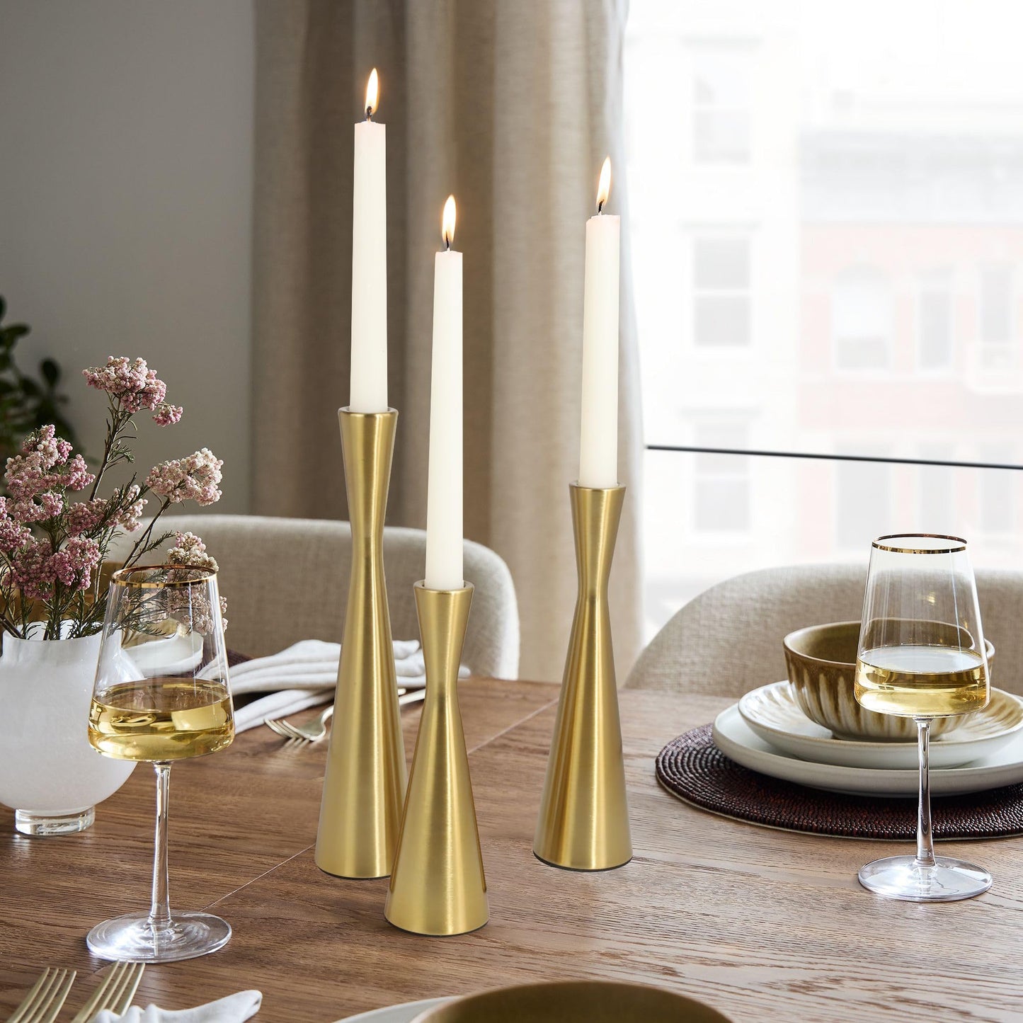 Vixdonos Brass Gold Taper Candle Holders Metal Candlestick Holders Set of 3 Table Mantel Decorative Candle Stand for Dinning,Party，Wedding,Home Decor(Brass Gold)