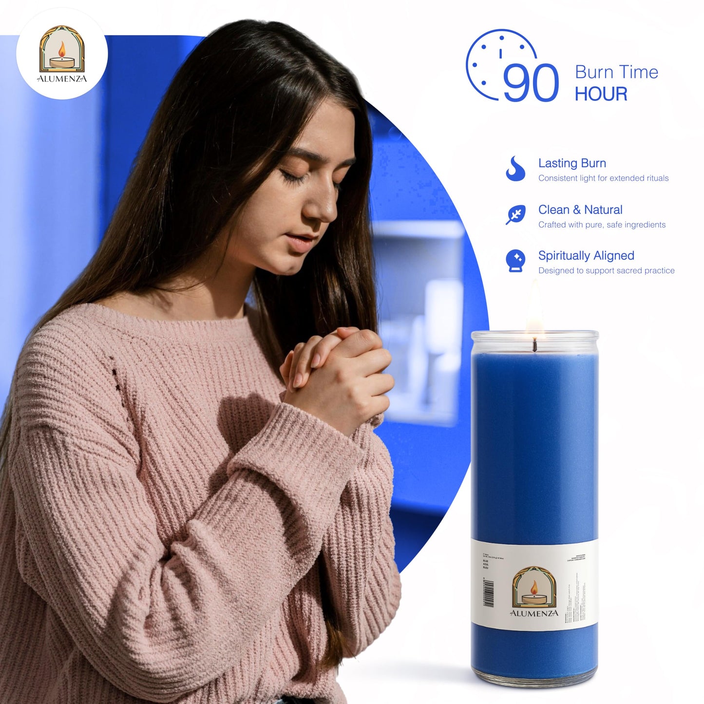 Alumenza 3 Pack Blue 7 Day Candles in Glass Jar – Paraffin Wax, Clean Burning Unscented | Large & Tall Devotional Prayer Pillar Candles for Home, Memorial, Spells, Long Lasting