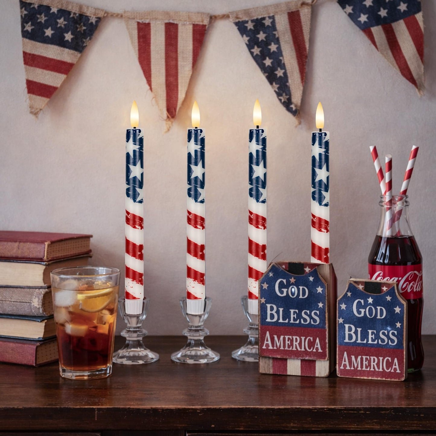 SEHNSY 4th of July Flameless Taper Candles with Remote and Timer, Real Wax Red White and Blue American Flag LED Candles, 250th Anniversary Patriotic Battery Operated Taper Candle Set