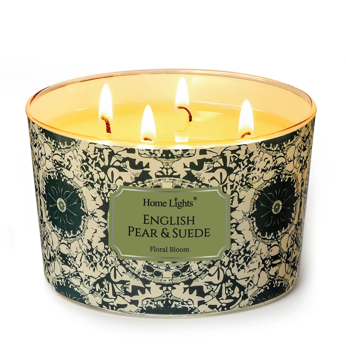 HomeLights Soy Wax Candles for Home Scented, 4-Wick Candles in English Pear & Suede Scented, Aromatherapy Candles Gift for Parties, Relaxing, Bohemian Natural Textures, 18oz