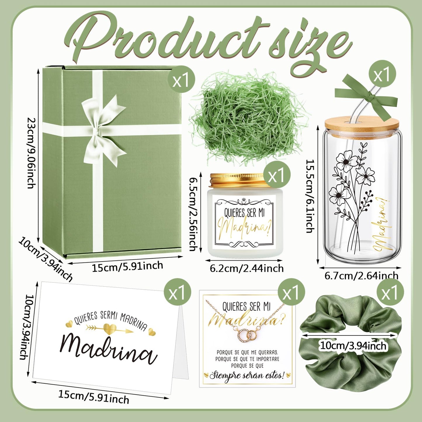 Singhoow 6 Pcs Godmother Proposal Gift Set, Will You Be My Godmother Gift Box, 16oz Glass Cup, Necklace & Scented Candle from Godchild for Baptism Mother’s Day Birthday(Spanish,Sage Green)