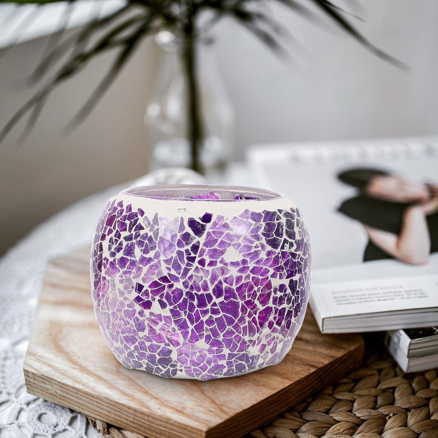 COHEALI European Mosaic Glass Candle Holder Purple Decorative Candlestick for Romantic Dinner Table Centerpiece Household Candle Stand Wedding Home Decor