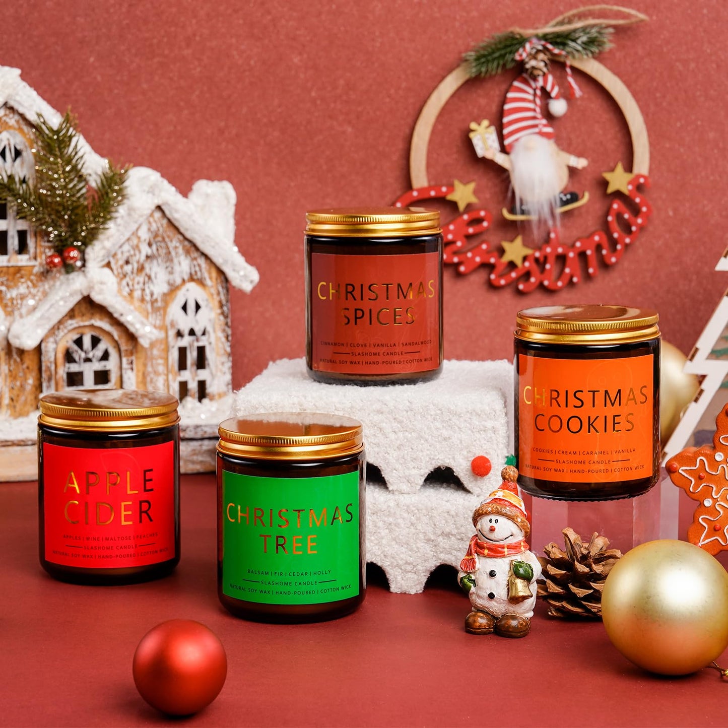 Christmas Candle Gift Set, 4 Pack 7 oz Soy Scented Candles for Home, Holiday & Birthday Gift for Women & Men, Includes Christmas Tree, Cookies, Spices & Apple Cider, Winter Holiday Home Decor