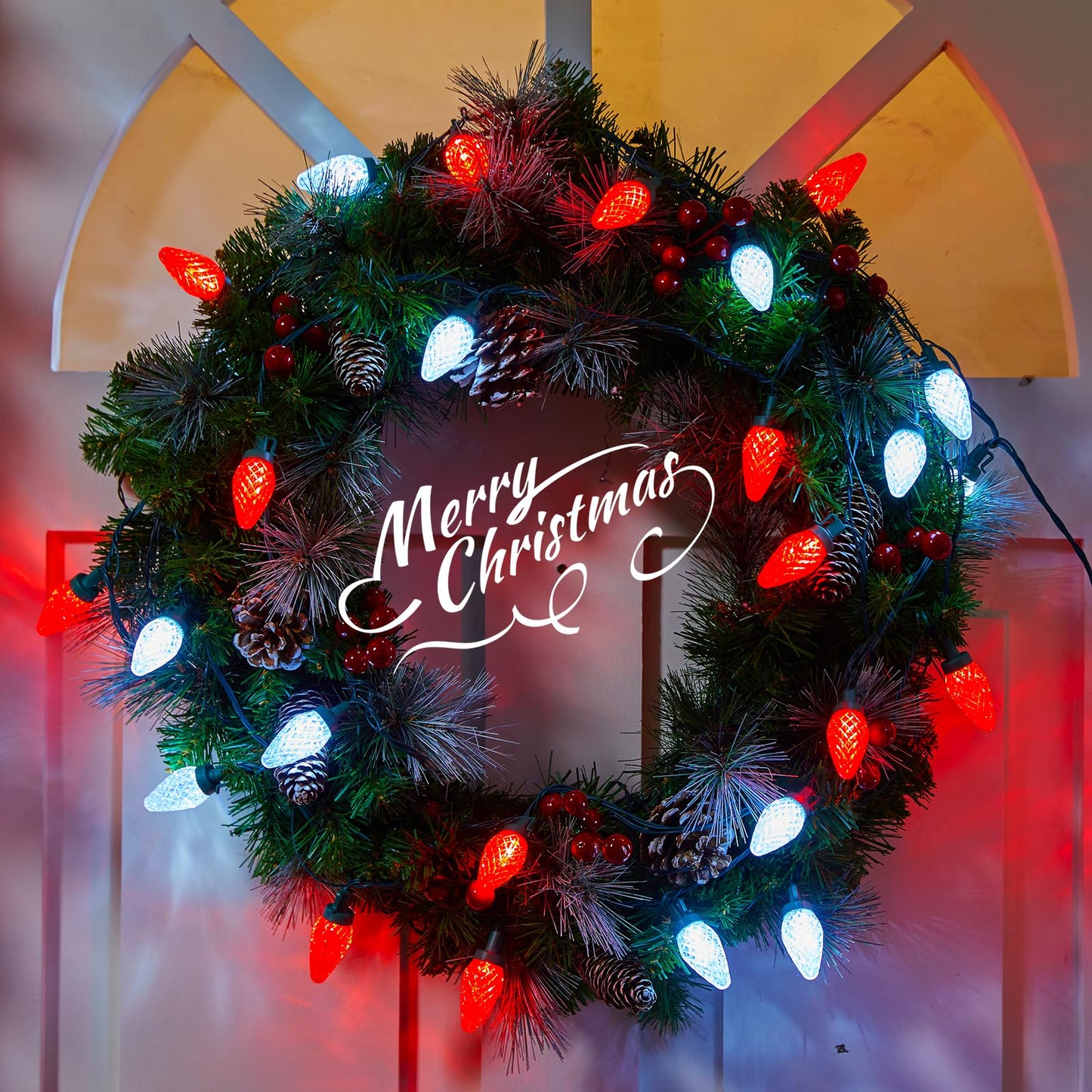 Minetom C9 LED Christmas Lights Outdoor, 100 Lights, 81 Feet, Waterproof, Timer, Red & Pure White
