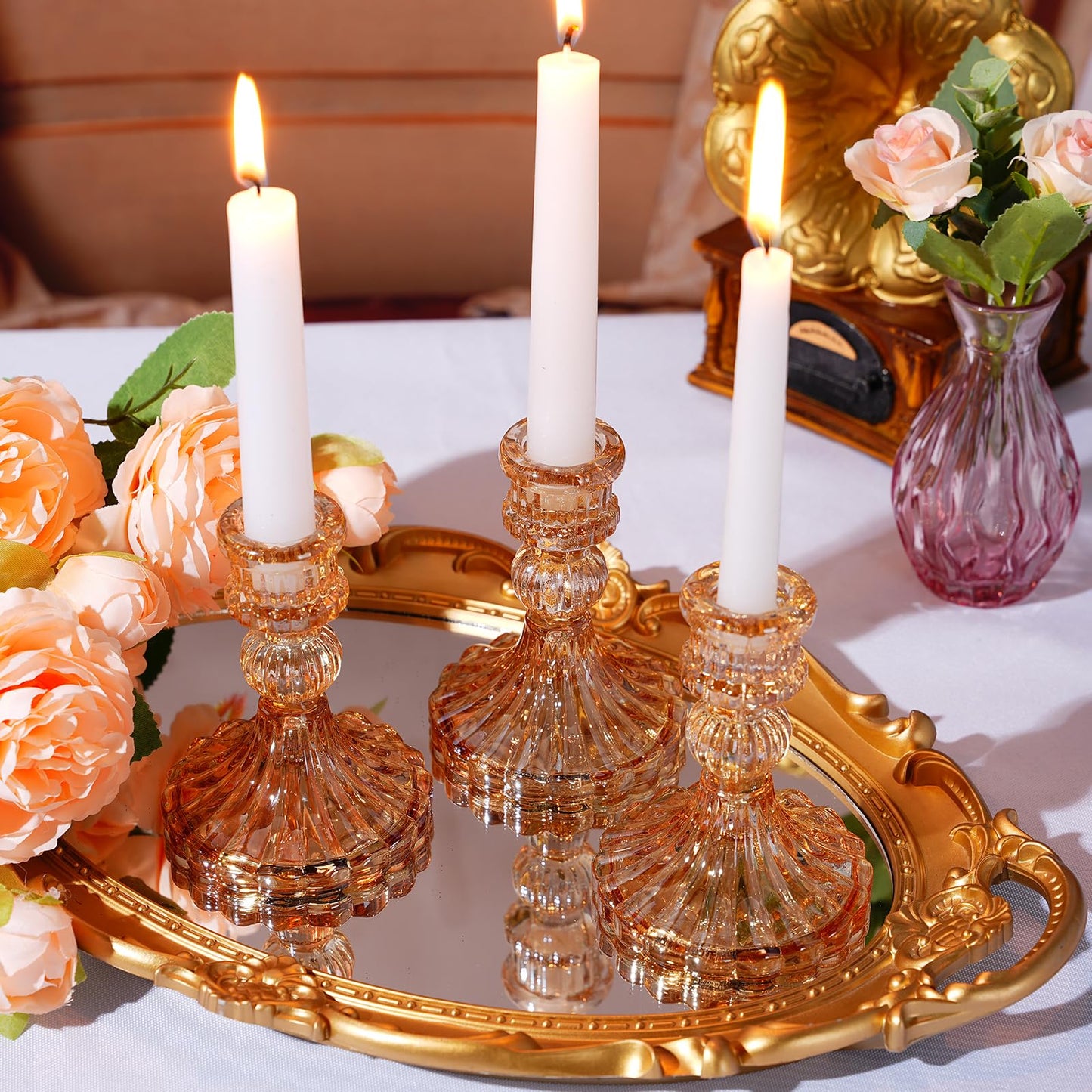 Maxcheck Set of 6 Candlestick Holders Taper Glass Candle Holder Decorative Candle Stand for Wedding Christmas Party Table Centerpiece Anniversary Festival Home Decor(Amber)