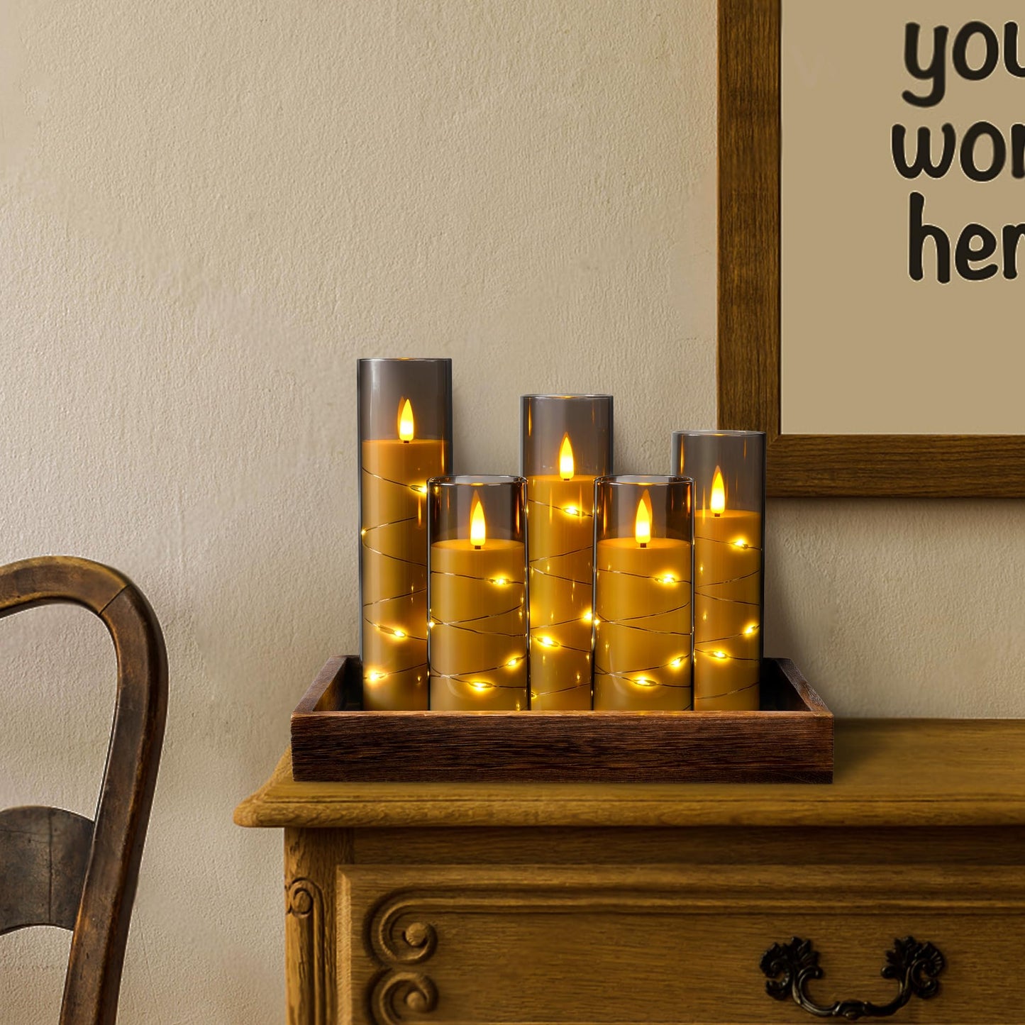 Da by 5 Pack Gray Transparent Acrylic Flameless Taper Candles, Flickering Black Wick LED Candles with Fairy String Lights, Heat Resistant Reusable ABS Candles with Remote for Home Patio Decor