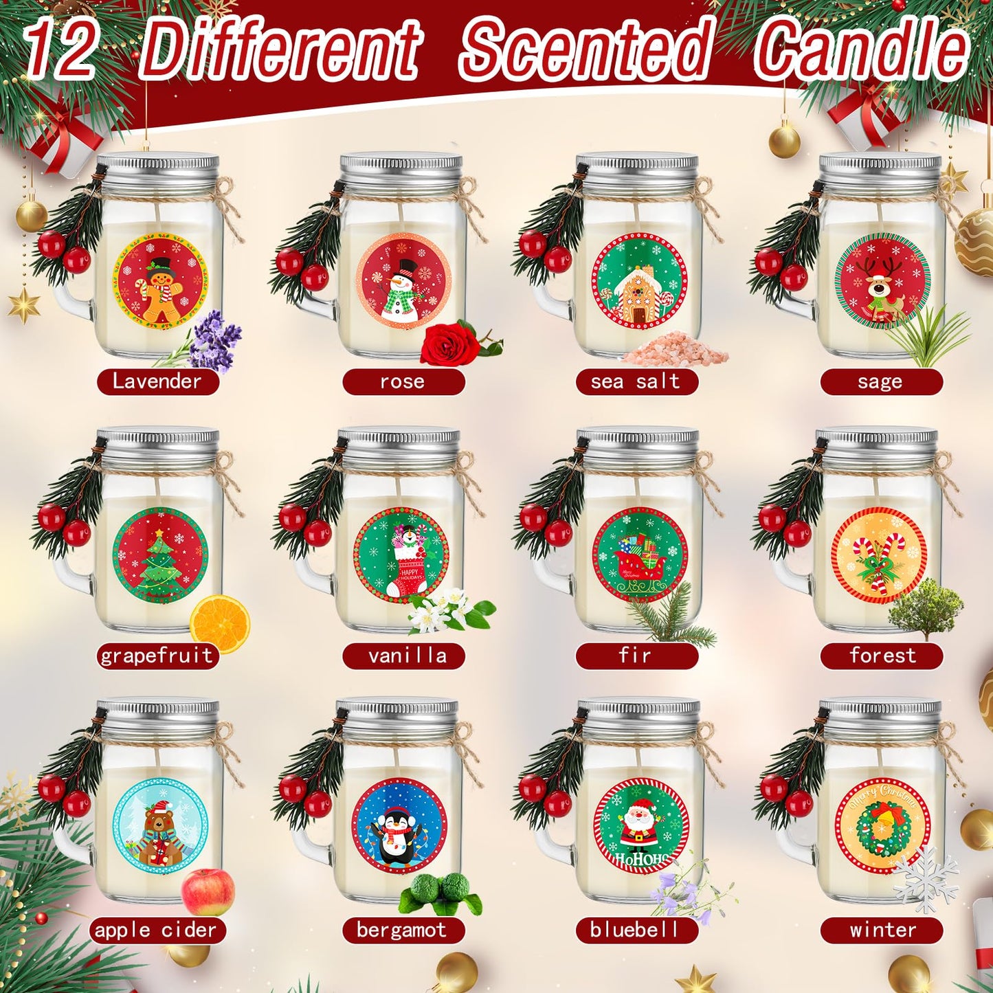 Conelist 12 Pcs Christmas Scented Candle Gift Set 2.6oz 12 Fragrances Soy Wax Aromatherapy Christmas Candles Jars with Pine Needle Berry for Women Home Decorations Birthday Scented Holiday Presents