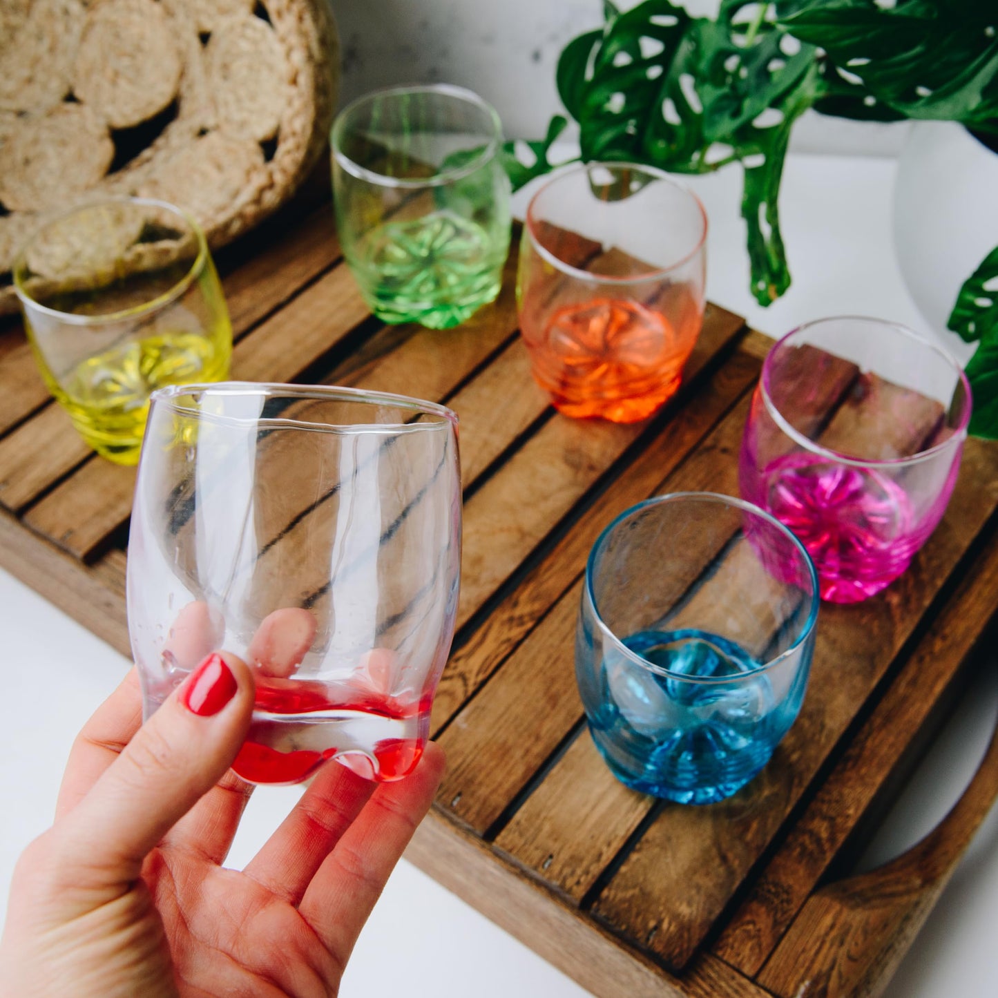 Glasmark KROSNO, 250 ml, Set of 6, Drinking Glasses with Coloured Base, Long Drink Glasses, Water Glasses, Juice Glasses, Perfect for Home, Restaurants and Parties