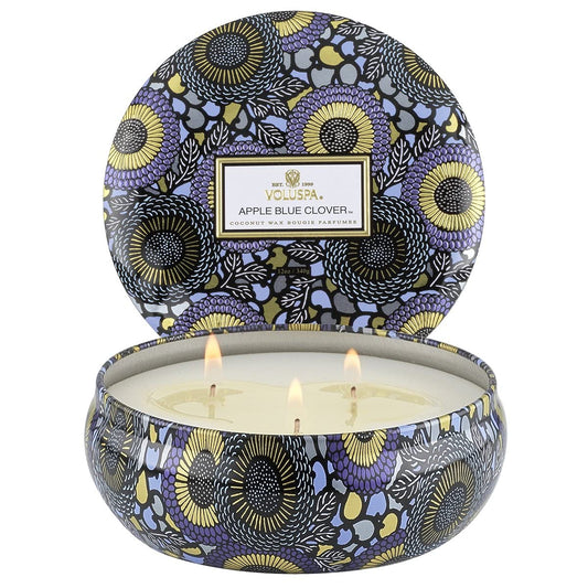 Voluspa Apple Blue Clover Candle | 3 Wick Tin | 12 Oz. | Coconut Wax for Clean Burning