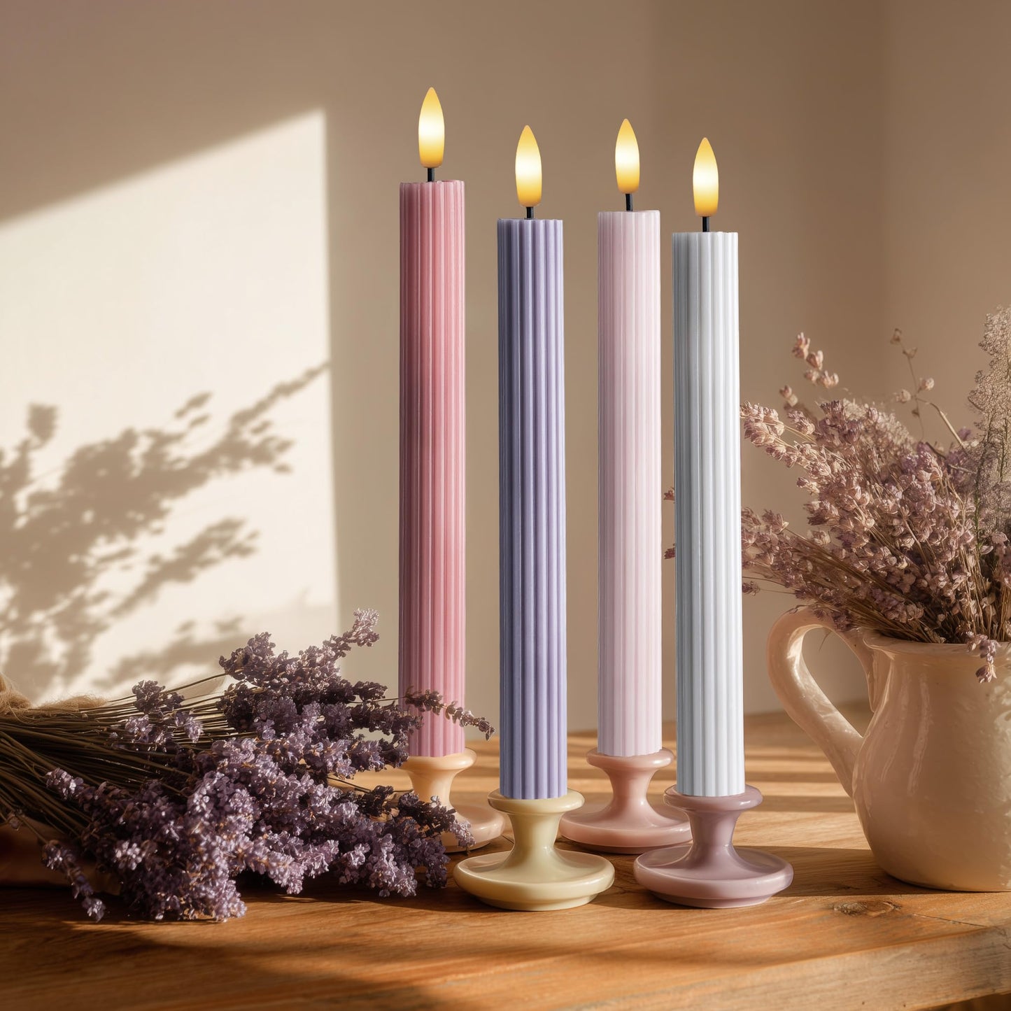 West Ivory Dusty Mauve Coordinated Pinkish Lilac 4 Pack, 10" Real Wax LED Flameless Fluted Ribbed Grooved Taper Candles, Remote & Timer, On/Off Button, Dimmable, Battery Operated, Menorah Wedding