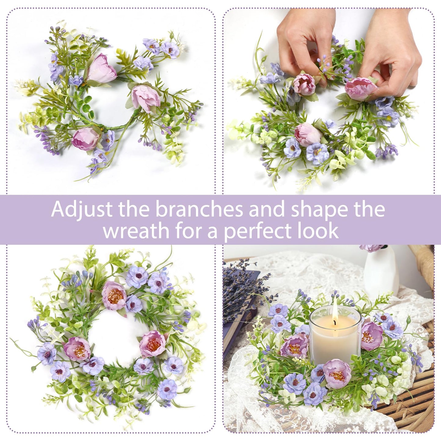 KHOYIME Floral Candle Rings Wreath 4PCS Small Spring Summer Purple Artificial Flowers Greenery Wreaths for Pillars, Mini Candle Holder Kitchen Cabinets Table Centerpieces Wedding Party Farmhouse Decor