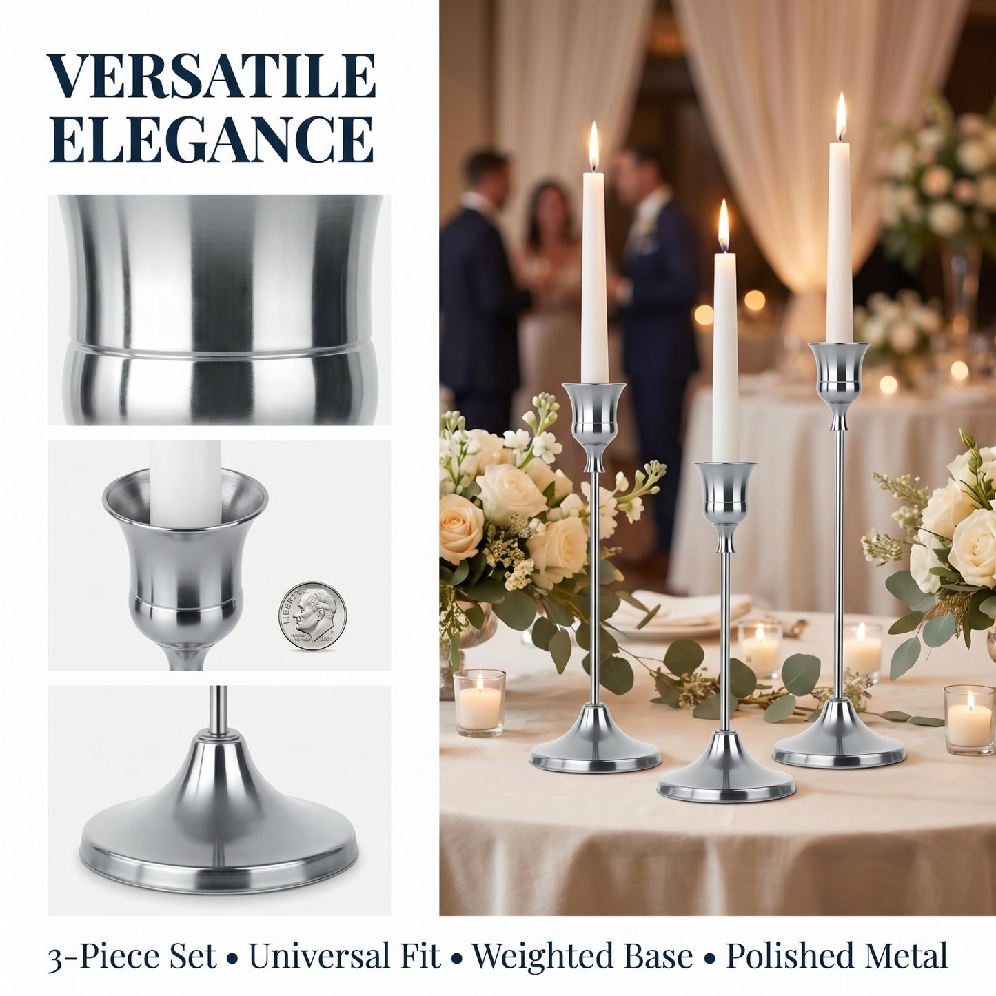 Oakernel Silver Taper Candle Holders 2 Sets(6 Pcs) - Tall Metal Candlestick Holders for Table Centerpiece, Formal Dinner, Wedding, Fireplace Mantel Decor, Fits 3/4 Inch Thick Candles