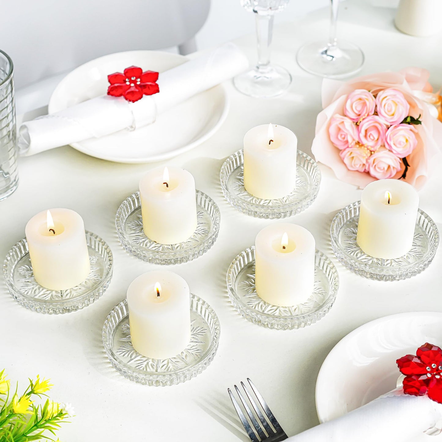 kanpura 3.5 Inch Crystal Glass Candle Plates Round Votive Candle Holder Plates Clear Glass Candle Trays for Home Christmas Winter Party Decor(Set of 6)