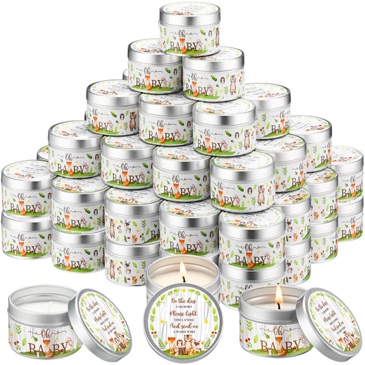 Threlaco 50 Pcs Baby Shower Party Favors Candles Lavender Scented Gender Reveal Candles Bulk for Party Favors Baby Shower Rustic Return Gifts(Forest Animals)