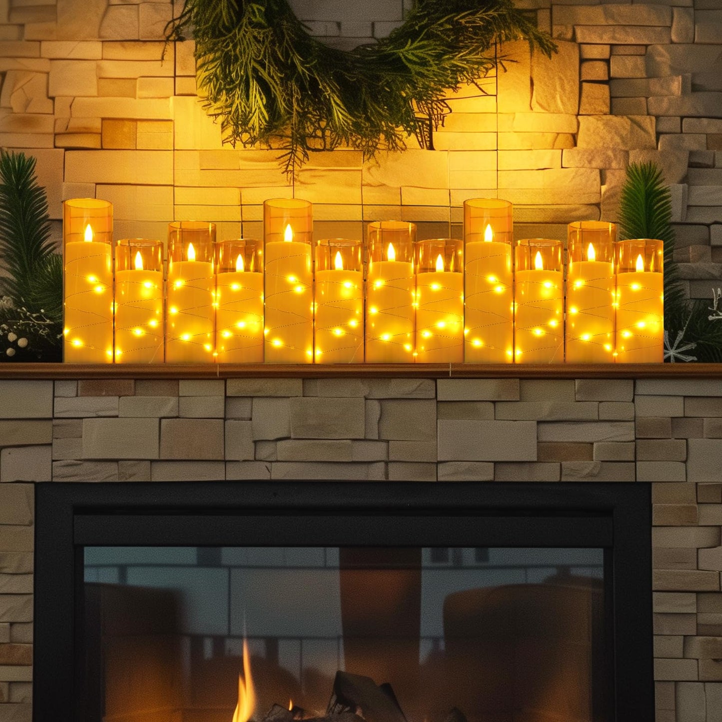 Homemory 12Pcs Flameless Candles with Star String Fairy Lights, Flickering Battery Operated Candles, LED Fake Candles with Remote and Timer, Christmas, Weddings, Home Decor, Gold