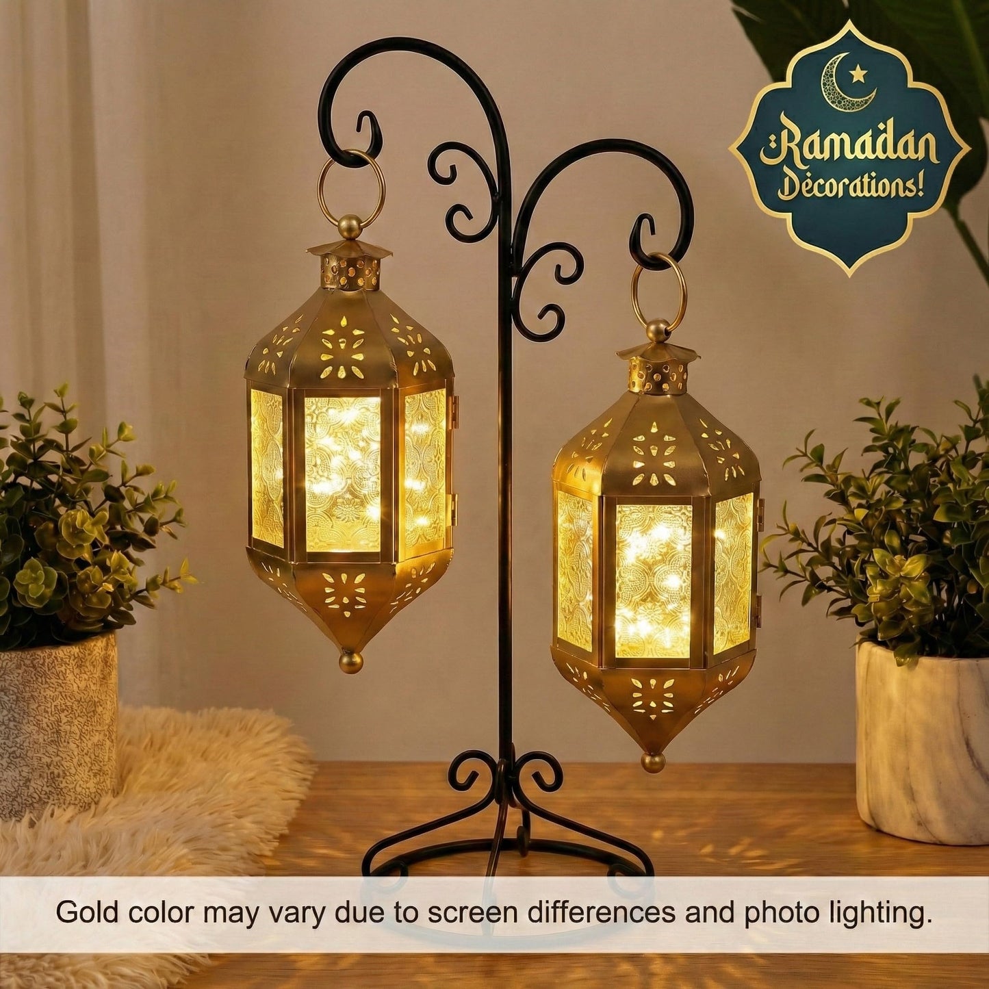 Vela Lanterns Hanging Moroccan Lamp - Exotic Decorative Patio & Porch Decor, Indoor Outdoor Tea Light Candle Lantern Holder with Chain (11" Medium, Gold)