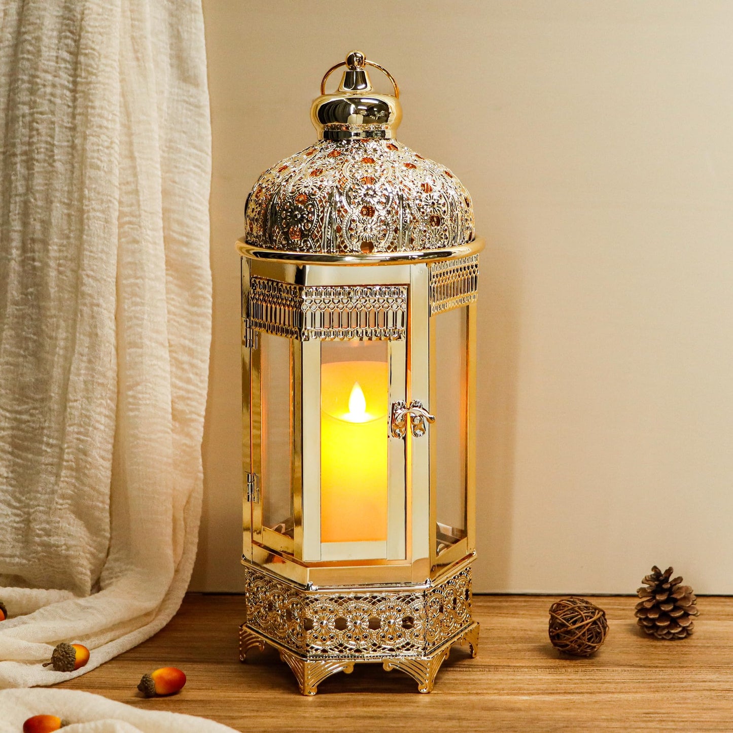 TRIROCKS Moroccan Candle Lantern16'' Gold Hexagonal Candle Holder with Tempered Glass Decorative Indoor Outdoor Ramadan Lantern for Living Room Garden Yard Patio Parties Events (Gold)