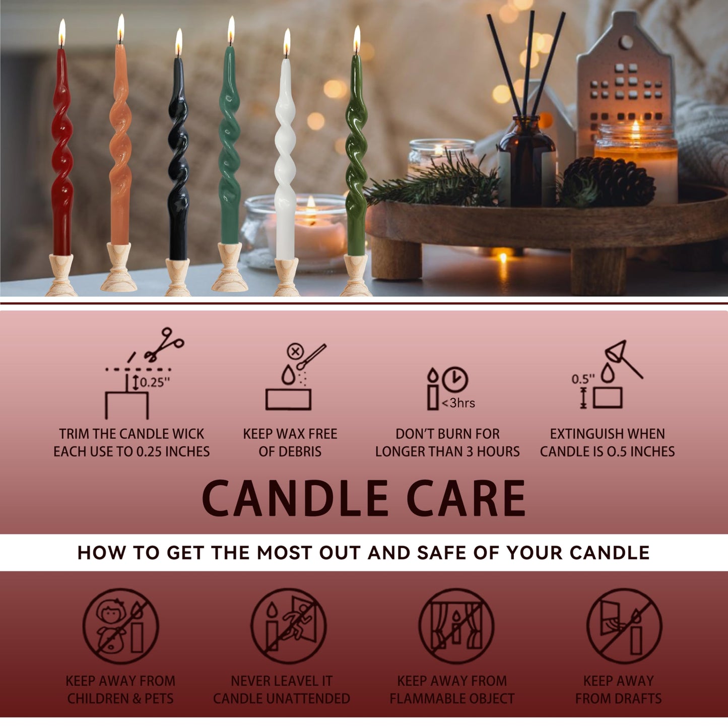 Christmas Spiral Candles Metallic Red Taper Candles -10 in Unscented Candlestick for Winter Gift Holiday Christmas Home Decoration Candles, 4 Pack