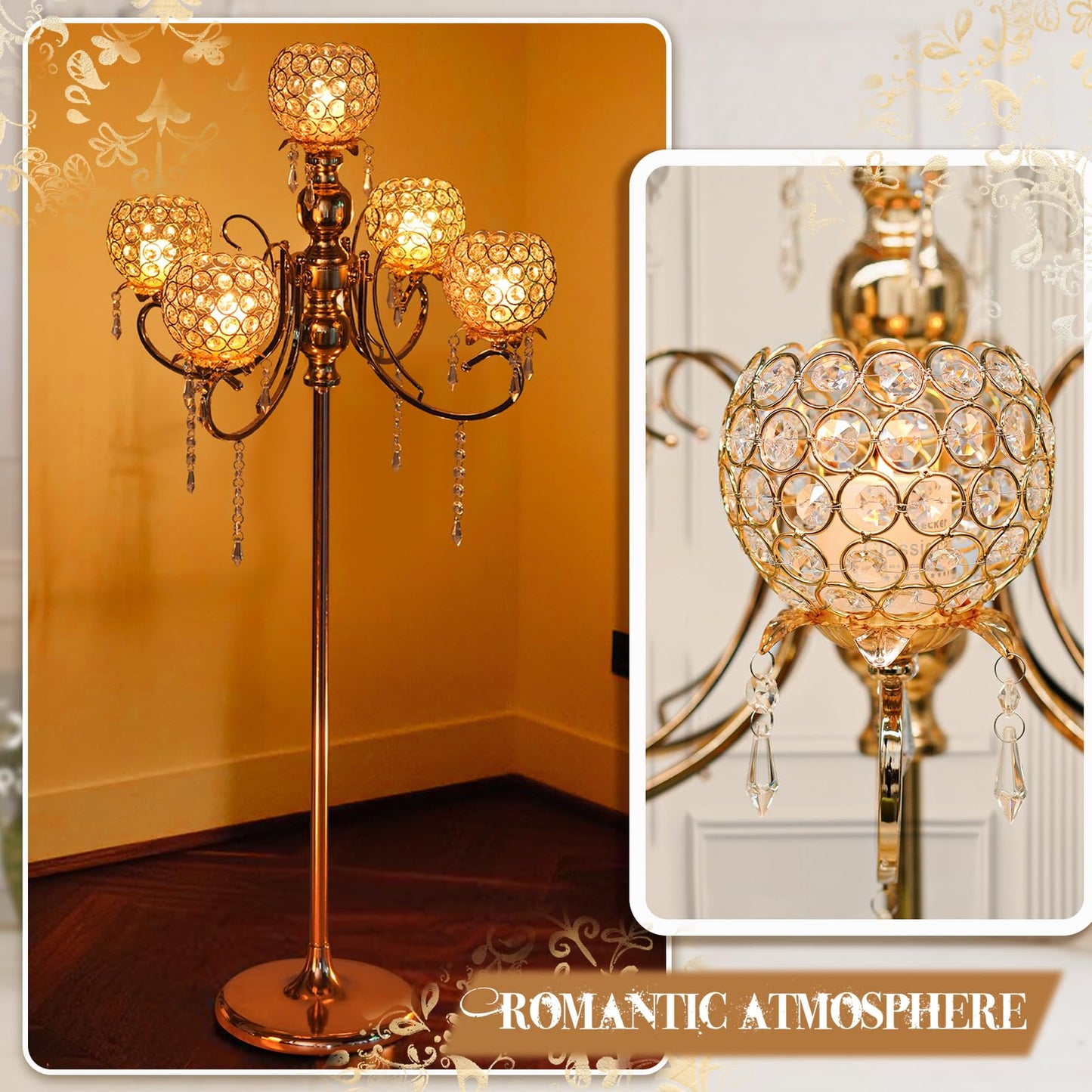 50" Tall Large Elegant Crystal Candelabra/Candlestick Holder Centerpiece for Weddings, Parties & Reception Decoration, Tealight Tray & Gorgeous Floor Candelabra Home Decor(Gold-1pc, 5-Arm)
