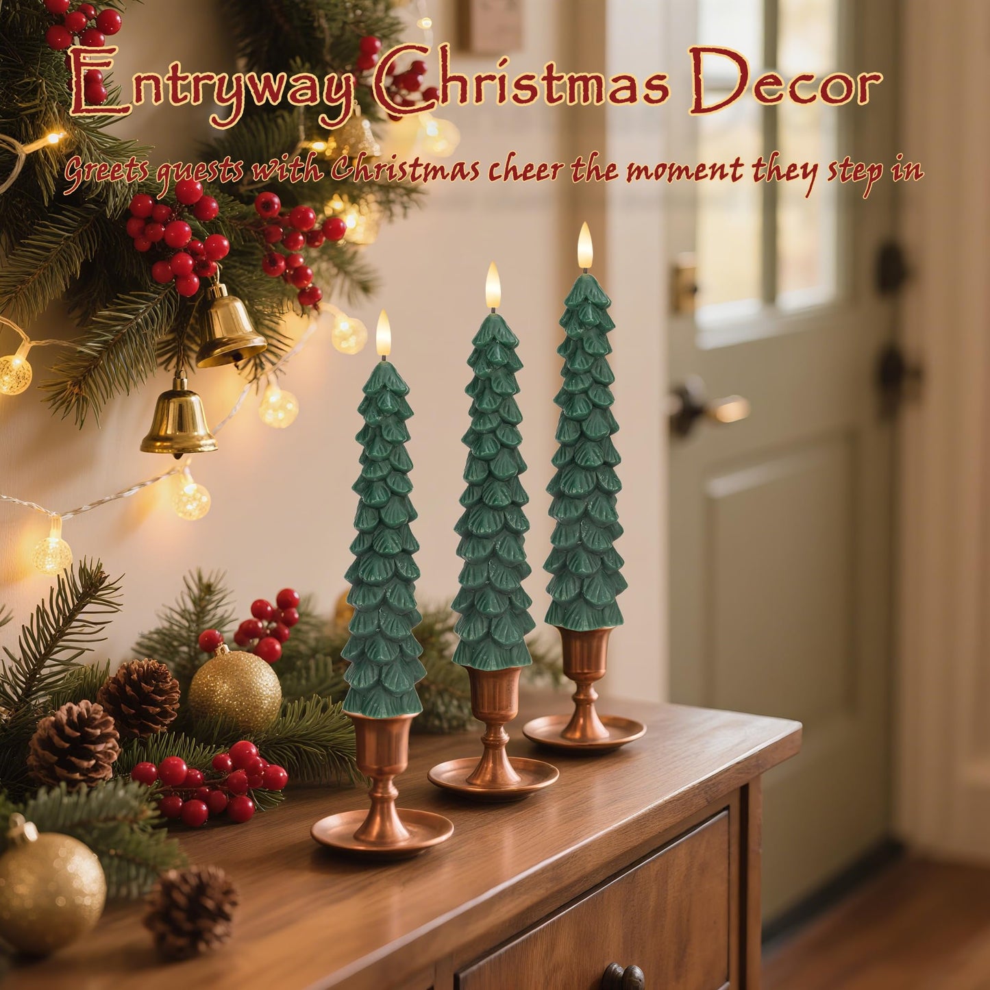 JOIONE Christmas Tree Flameless Taper Candles with Remote 3 Packs, Battery Operated Real Wax LED Candlesticks with 3D Flickering Flame, Perfect for Holiday, Christmas and Home Decor, Green