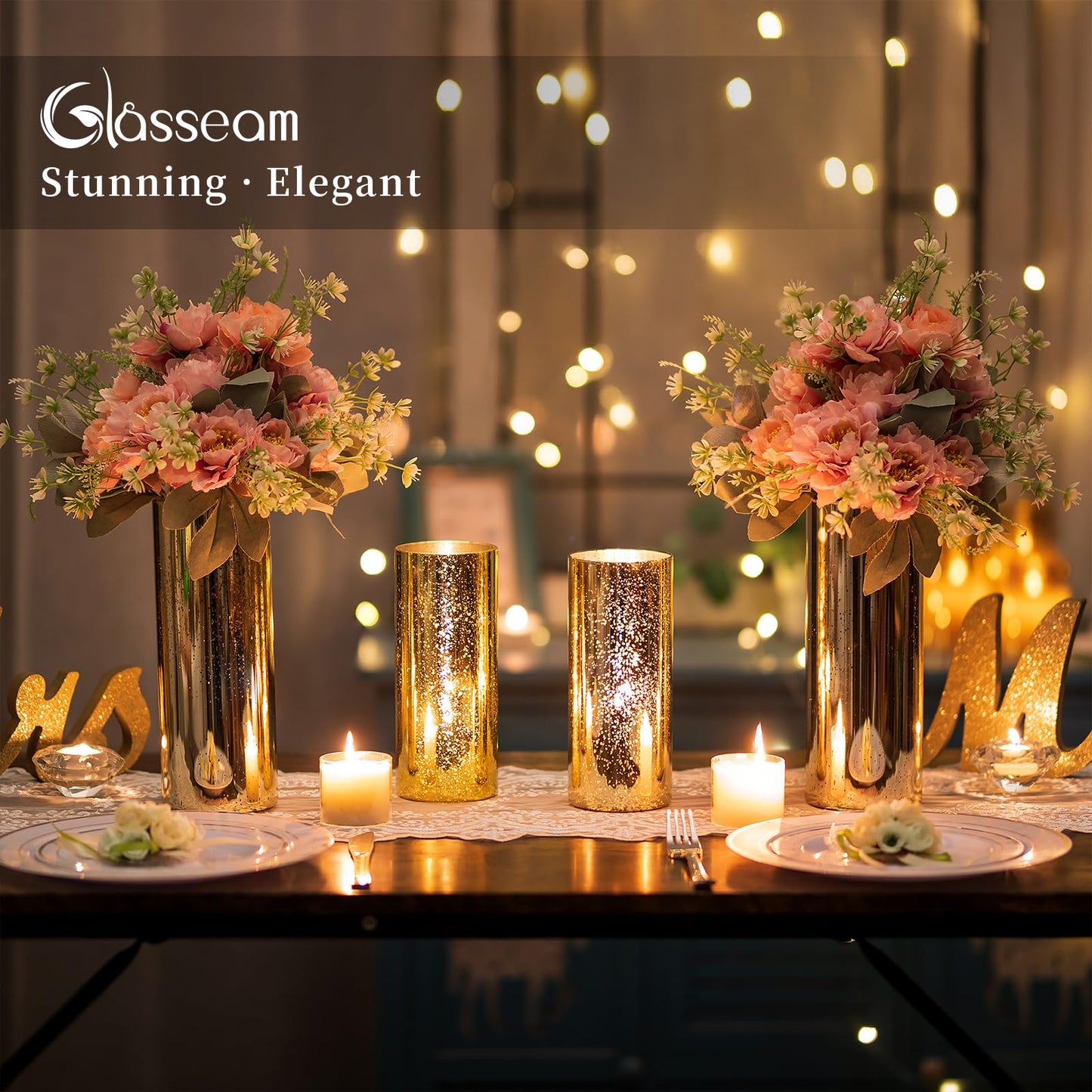 Glasseam Gold Hurricane Candle Holder Set of 2, Mercury Glass Candle Holder, Cylinder Candle Holders for Pillar Candles, Floating Candle Vases for Centerpieces Wedding Table Christmas Party 7.8''+10''