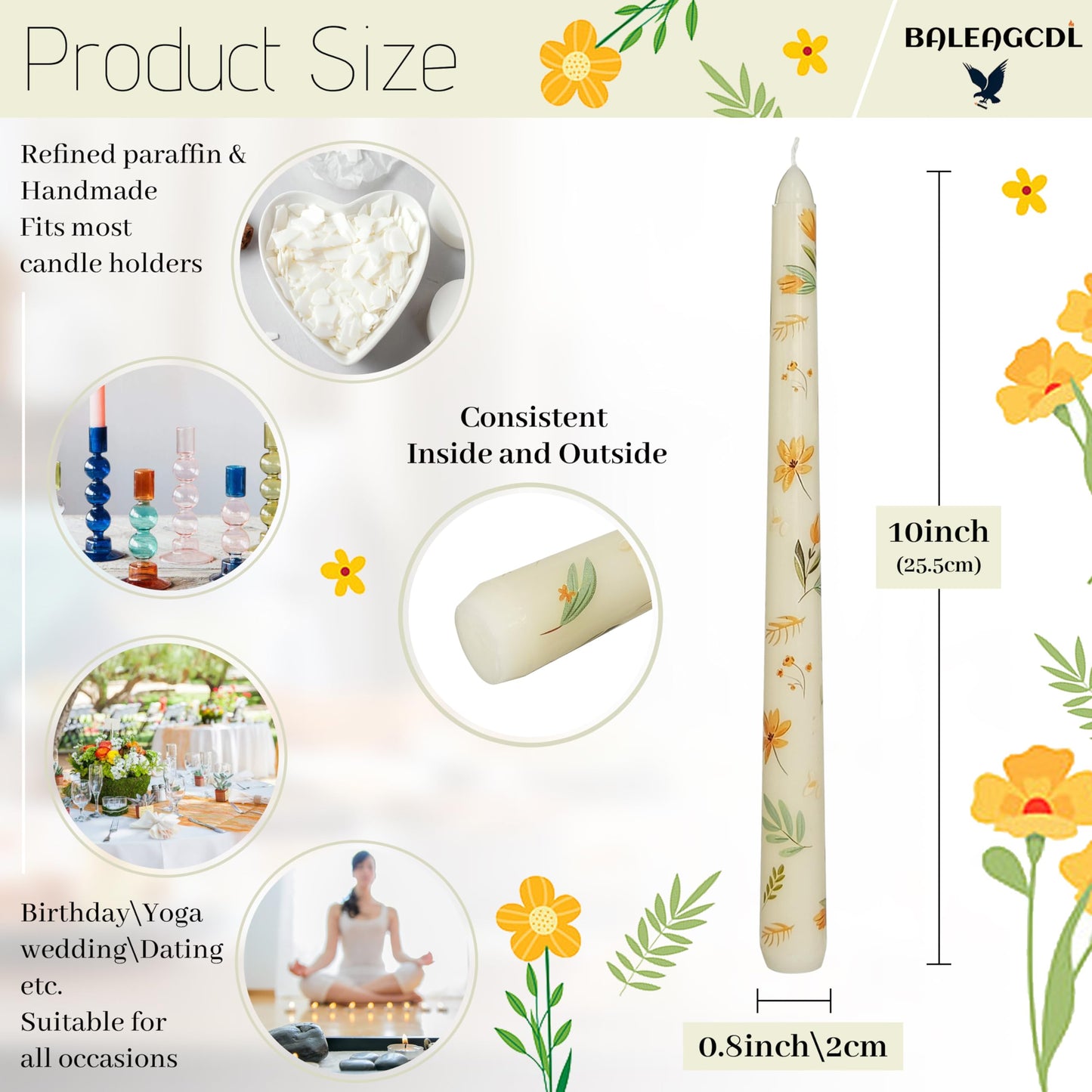 Flowers Printed Taper Candle - Baleagcdl Ivory with Iris Floral Candlesticks Handmade Long Tapered Candles 10 Inch Drip Candle for Wedding Home Holiday Decor Gifts - Set of 2