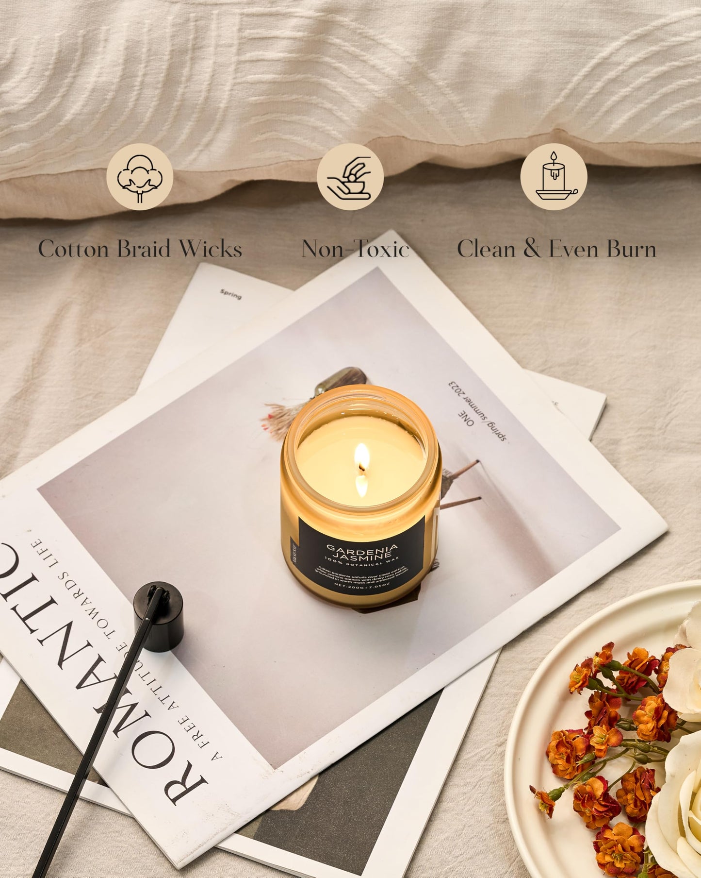 M&SENSE Gardenia Jasmine Scented Candles, 7.05oz Natural Soy Wax, Clean Non Toxic, 50 Hours Slow Burning Floral Scented Aromatherapy Candle for Housewarming Gifts Bath & Office