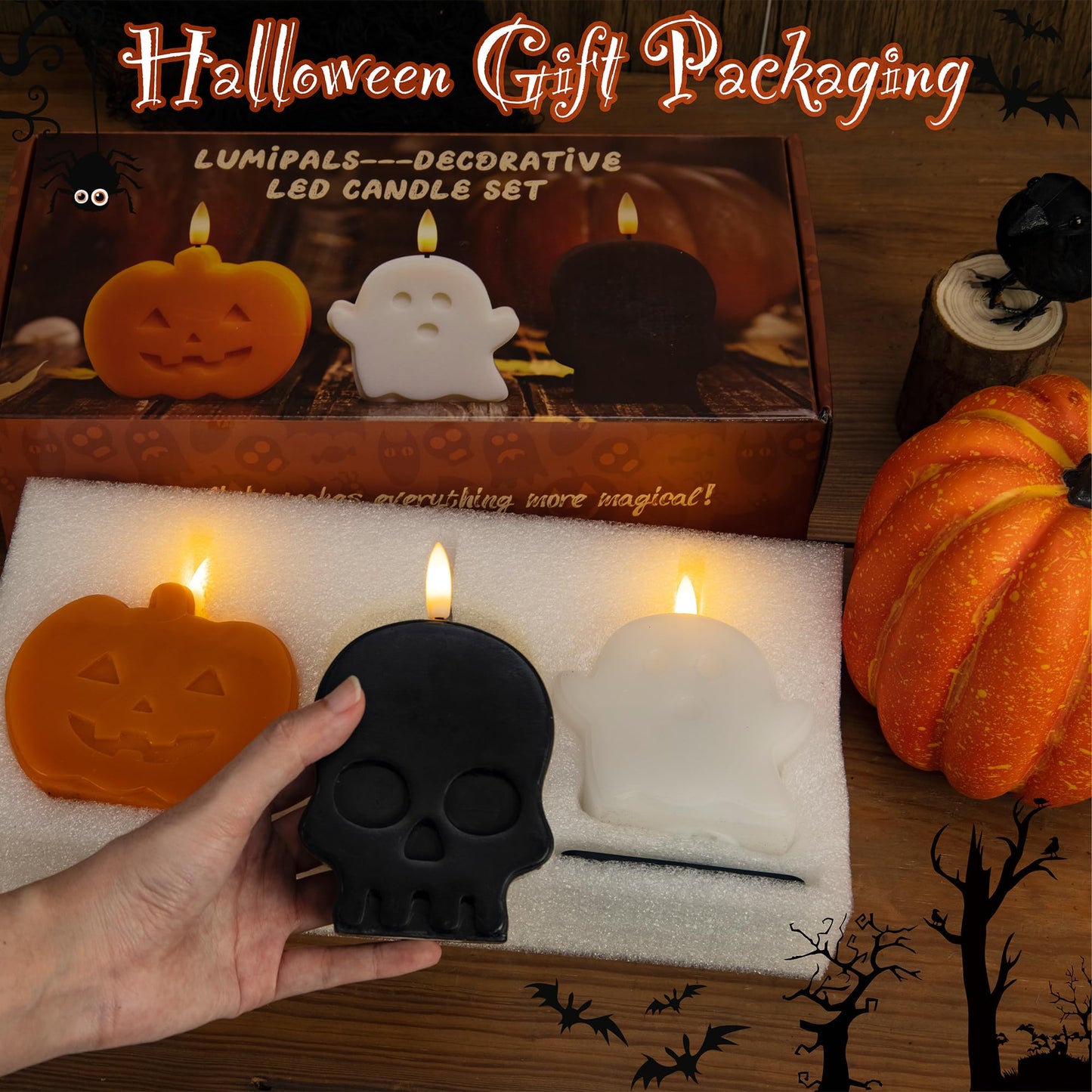 JOIONE Halloween Flameless Candles with Remote, 3D Flickering Flame Real Wax LED Battery Operated Candles, Cute Pumpkin & Ghost & Skull Halloween Candle for Party and Home Decorations, Set of 3