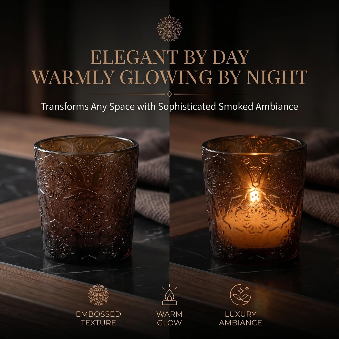 12 Pack Mandala Embossed Glass Candle Holders – Votive Tealight Holders with Patent Design, Decorative Embossed Glass Cups for Wedding Centerpieces, Parties, and Home Décor (Chestnut Brown)
