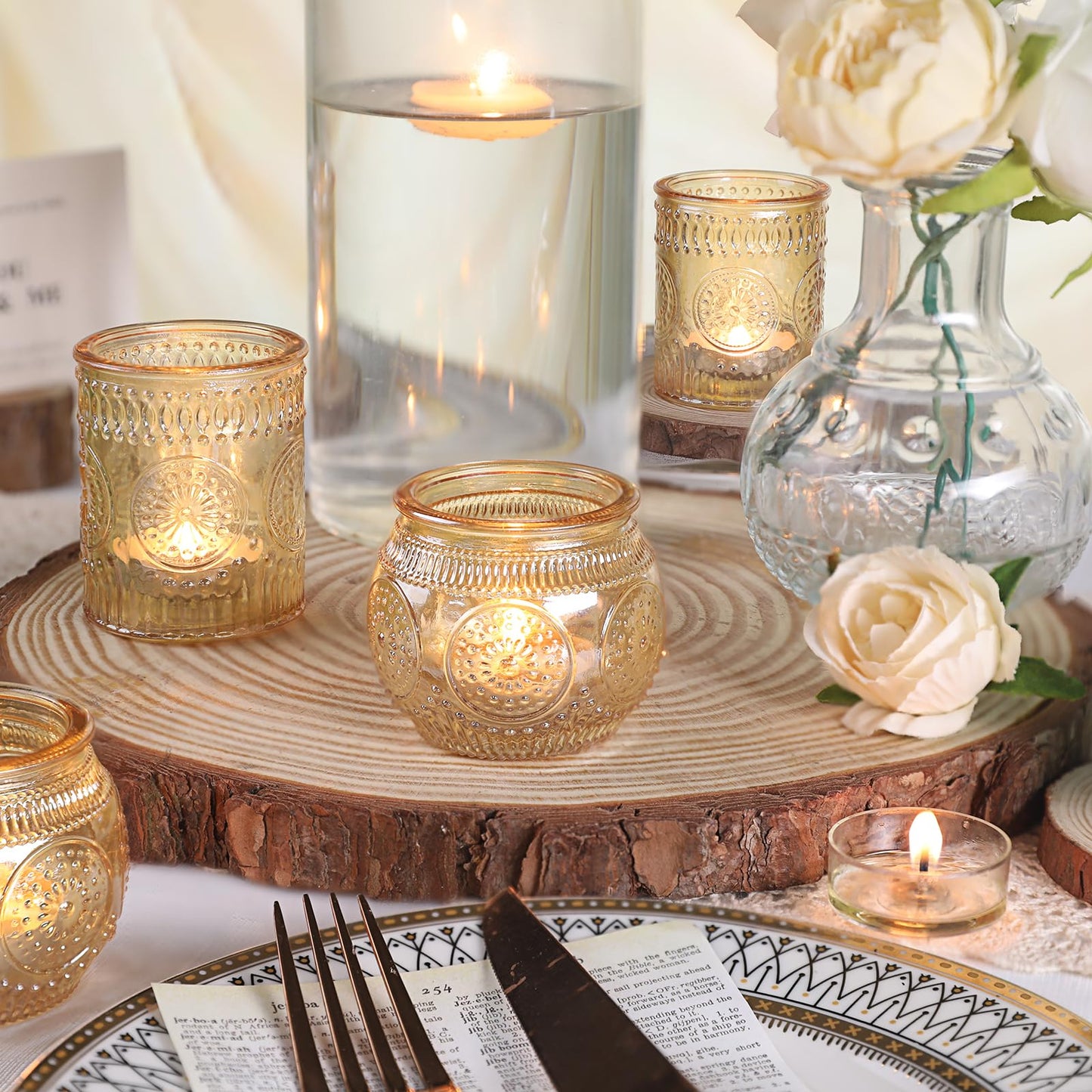 DARJEN 12Pcs Gold Votive Candle Holders - Glass Candle Holder for Table Centerpiece, Tea Lights Candle Holders for Home, Party & Wedding Shower Decoration