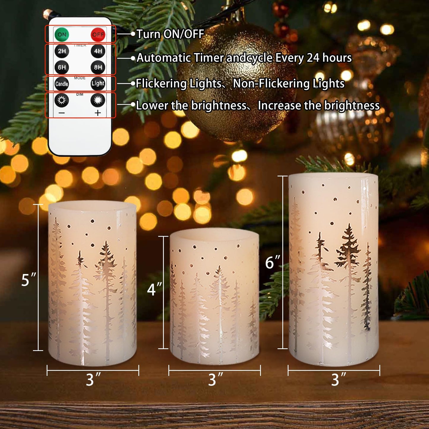 Crystal Club Christmas Flameless Candles, Holiday LED Candles Battery Operated with Remote and Timer, Realistic Flickering Candles with Silver Xmas Tree Decal for Festival & Home Party Decor
