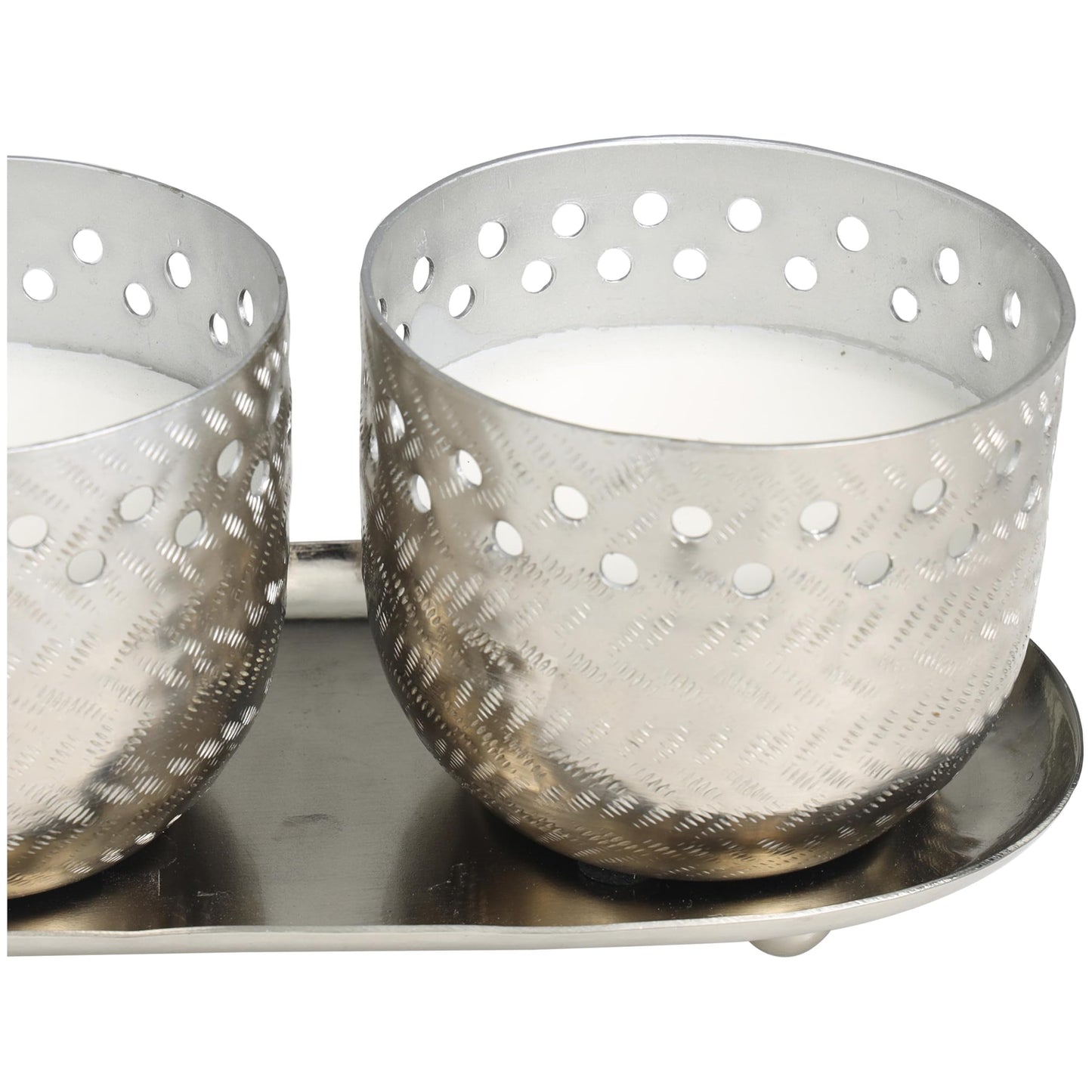 Deco 79 Metal Decorative Candle White Sage Scented Cutout Spotted 7 oz 1 Wick Aromatherapy Candle with White Wax, Set of 2 Wax Aromatherapy Candle 8" W, 4" H, Silver