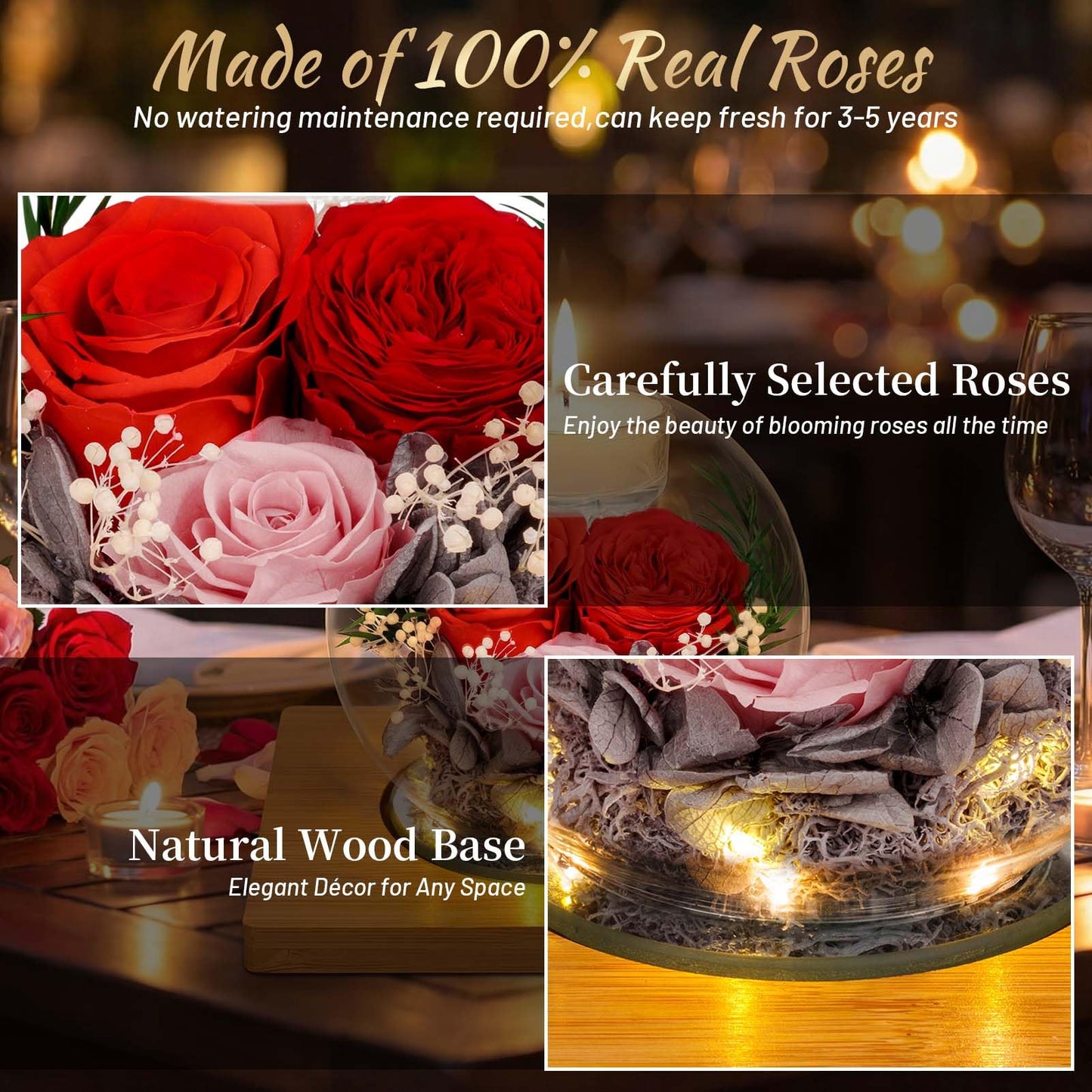 Preserved Pink Carnation Real Rose in Glass with Scented Candles–– Forever Flower Romantic Anniversary Christmas Birthday Valentines Mothers Day Gifts for Mom, Women, Wife, Girlfriend, Her, Grandma