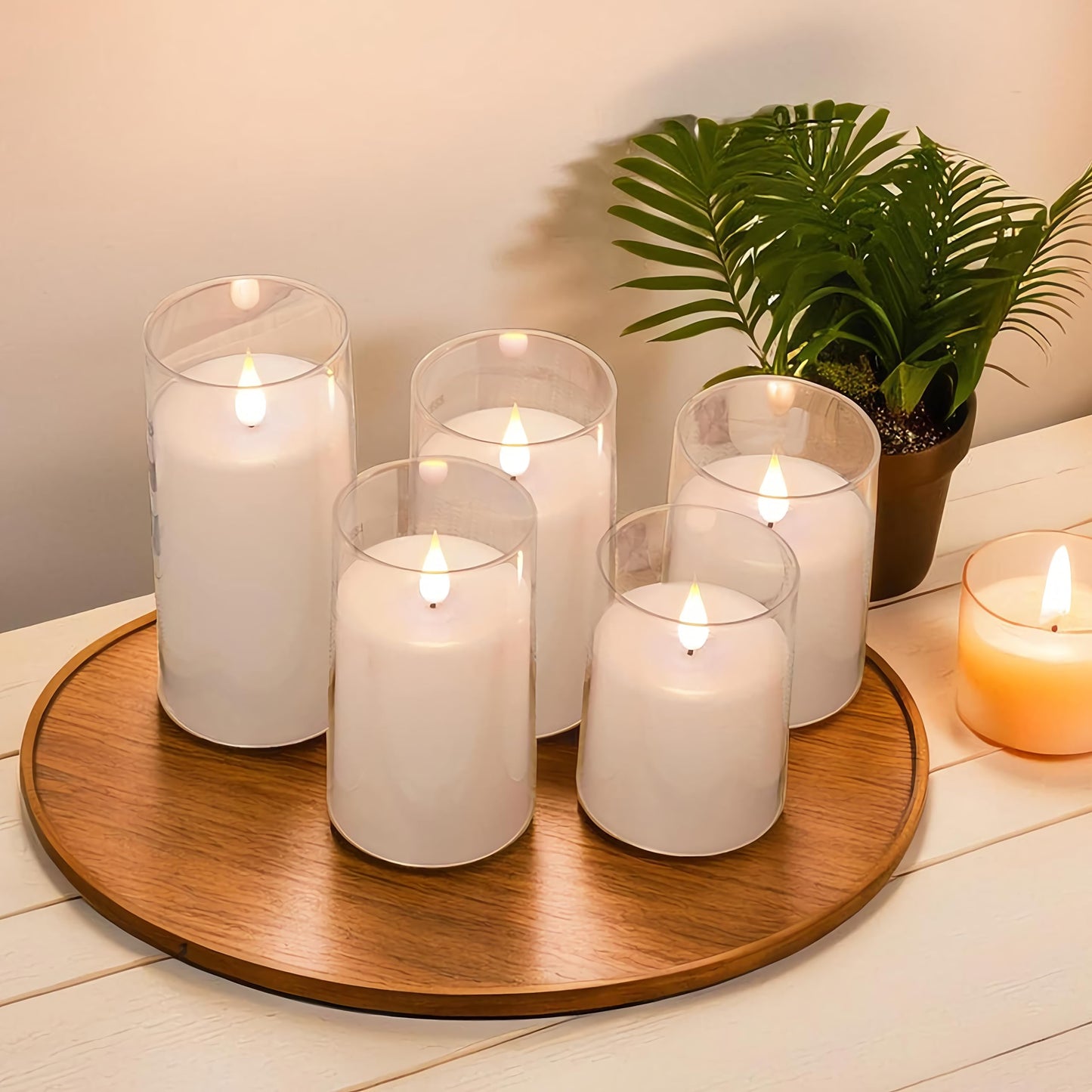NICEME Flickering Flameless Candles with Remote Timer Unbreakable Acrylic Battery Operated LED Candles with Flickering Flame 3D Wick for Romantic Ambience Home Decor Set of 5, D3” xH4” 4” 5” 5” 6”