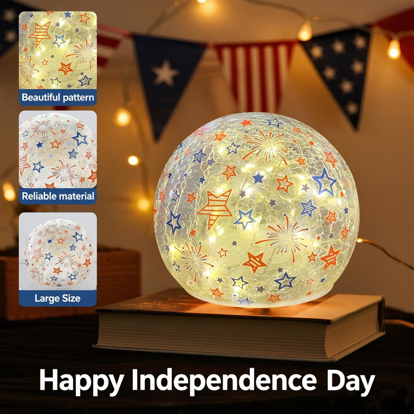 3PCS Independence Day Decorative Lights, 3.93-inch Independence Day Desktop Decoration LED Night Light, Cracked Glass Ball Light with Timer, 4th of July Decorations (Fireworks Pattern)