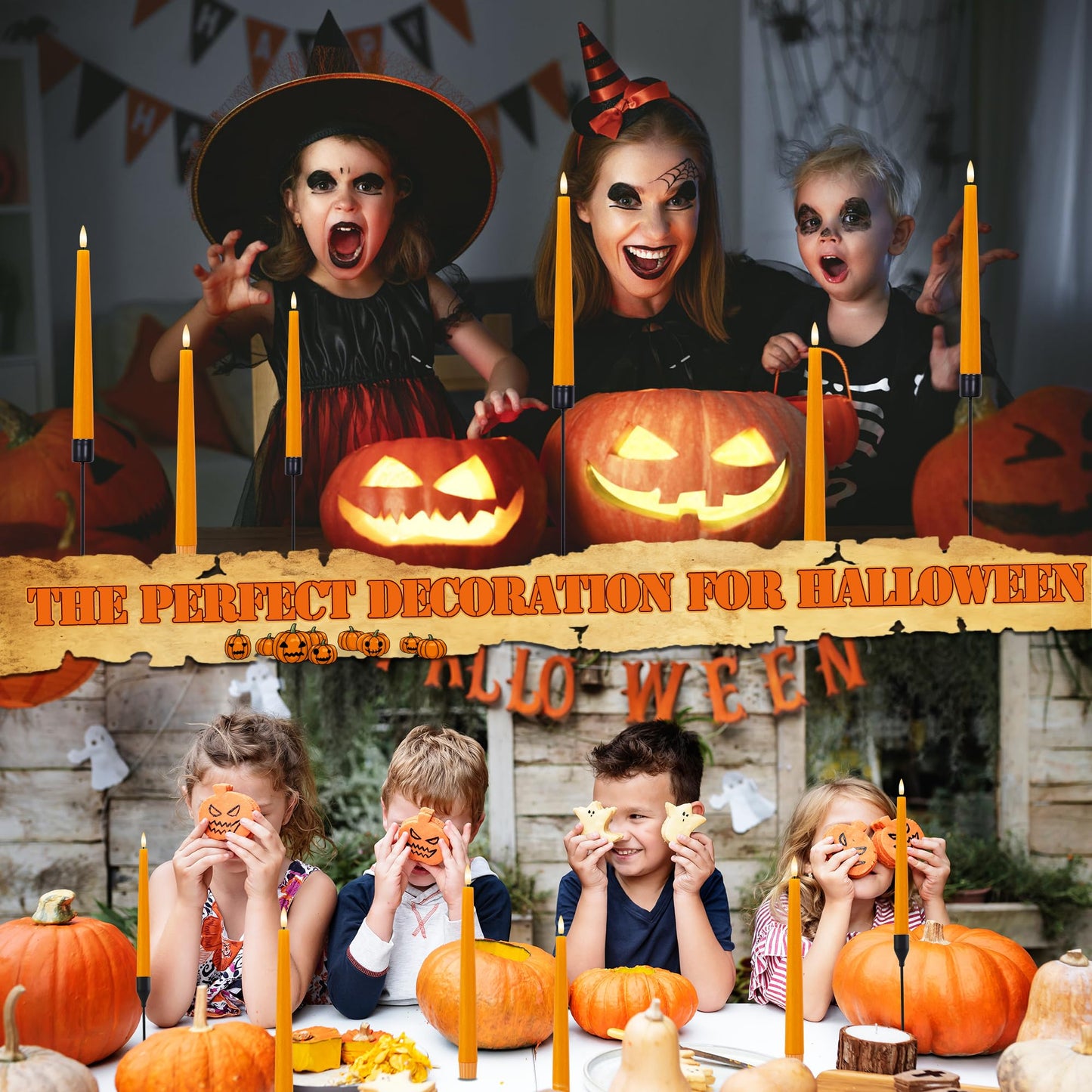 Orange Flameless Taper Candles, 9.6" Halloween Battery Operated Candles with Two Remote, Real Wax Fall Led Candlesticks, Flickering Flameless Candle for Fall, Thanksgiving, Harvest, Halloween, 6 Pack