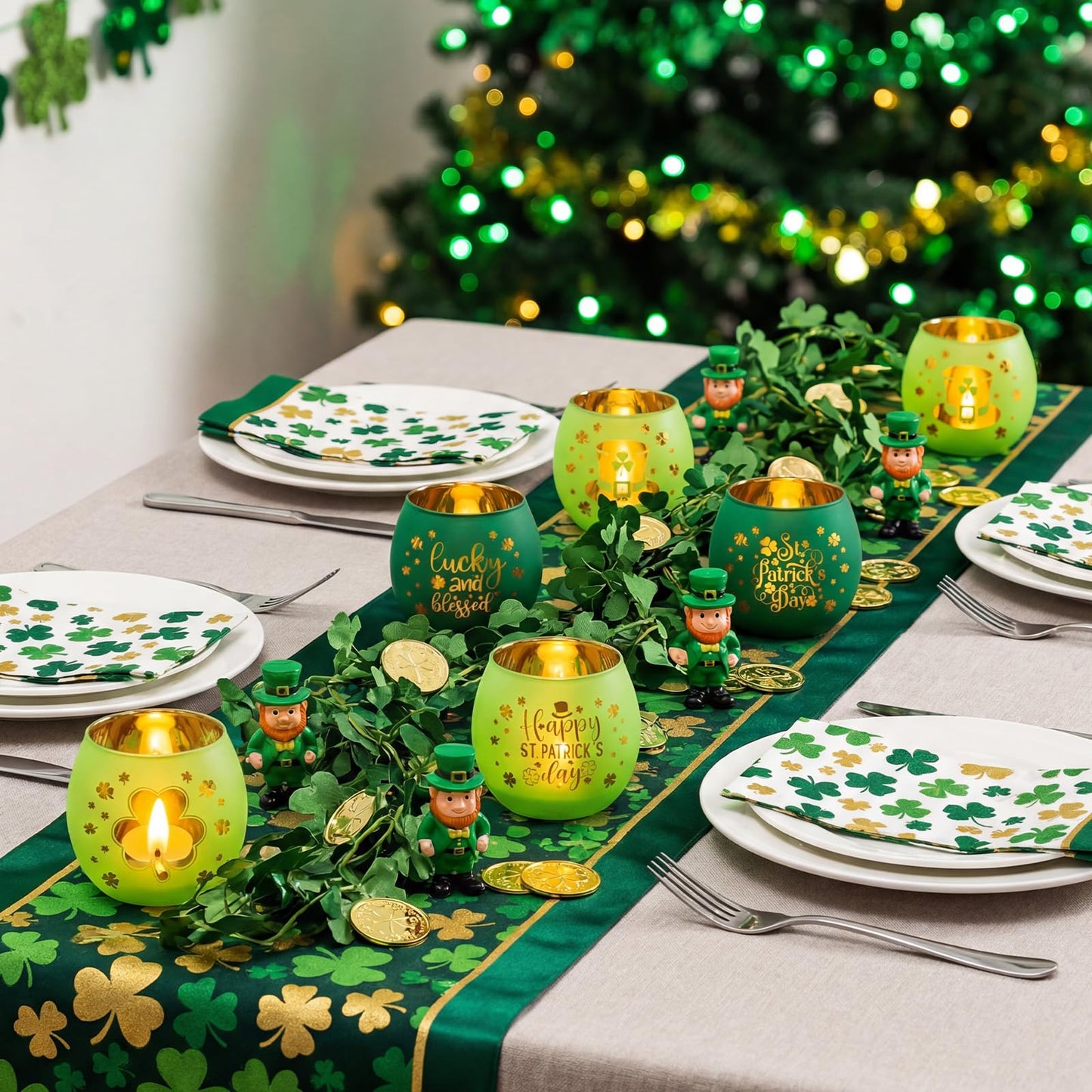 Yungyan 6 Set Green Votive Candle Holders Clovers Glass Holders Bulk with Laser Engraving Patterns Gifts for Weddings Shower Party, Table Centerpiece, Yoga & Bathroom Meditation Decoration
