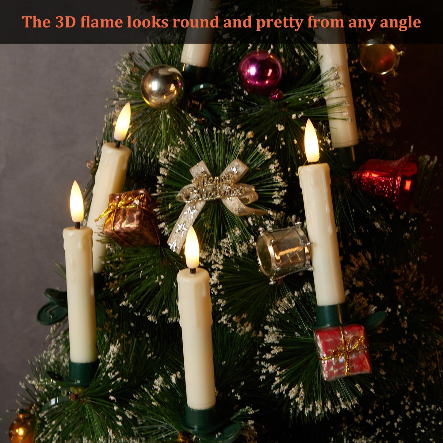 IMAGE 12Pcs LED Taper Candles Light Set 5.3 inches Dripping Flameless 3D Wick Ivory Candles with Clip-on Christmas Tree Design, 10-Key Remote with Timer, Warm White Light Battery Operated for Decor