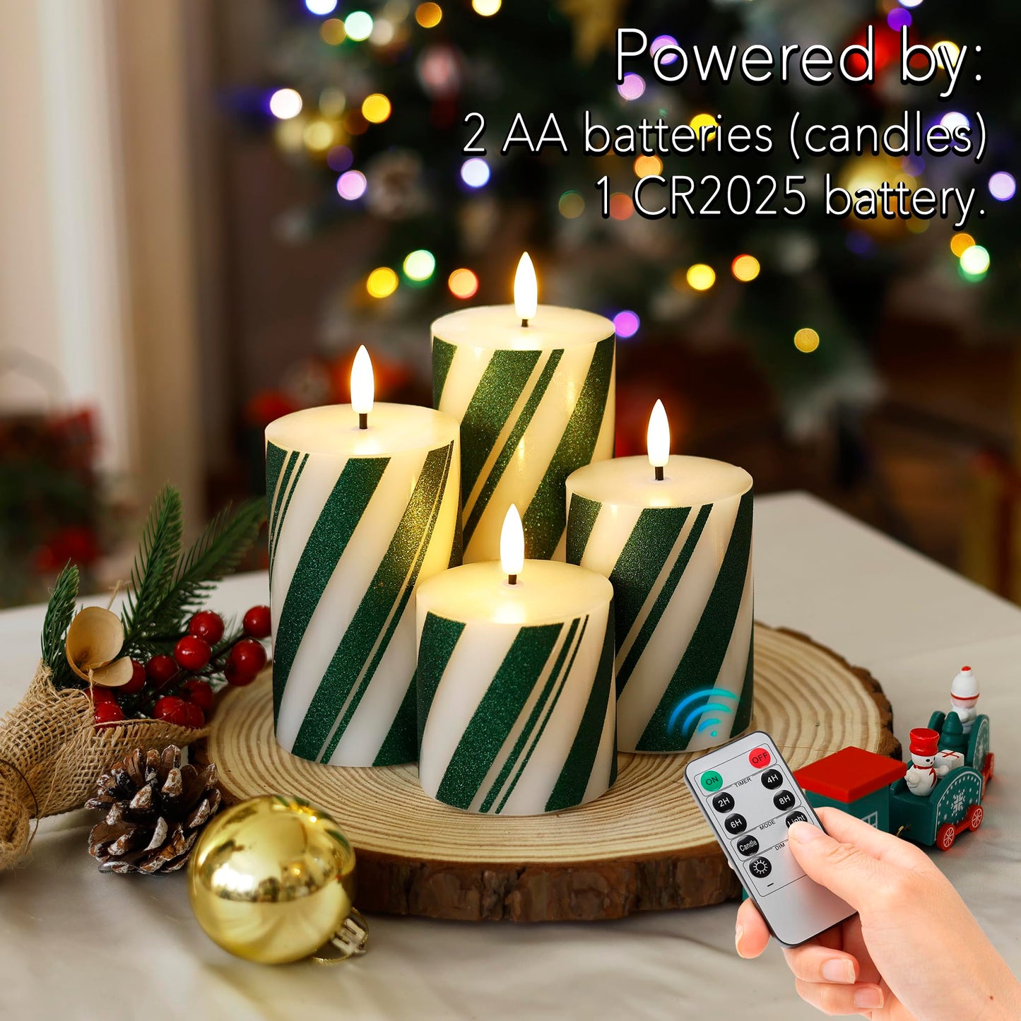 JOIONE Green Striped Flameless Pillar Candles with Remote Set of 4, Battery Operated Real Wax LED Candy Cane Candles, Perfect for Christmas Window, Dinner & Holiday Xmas Decor