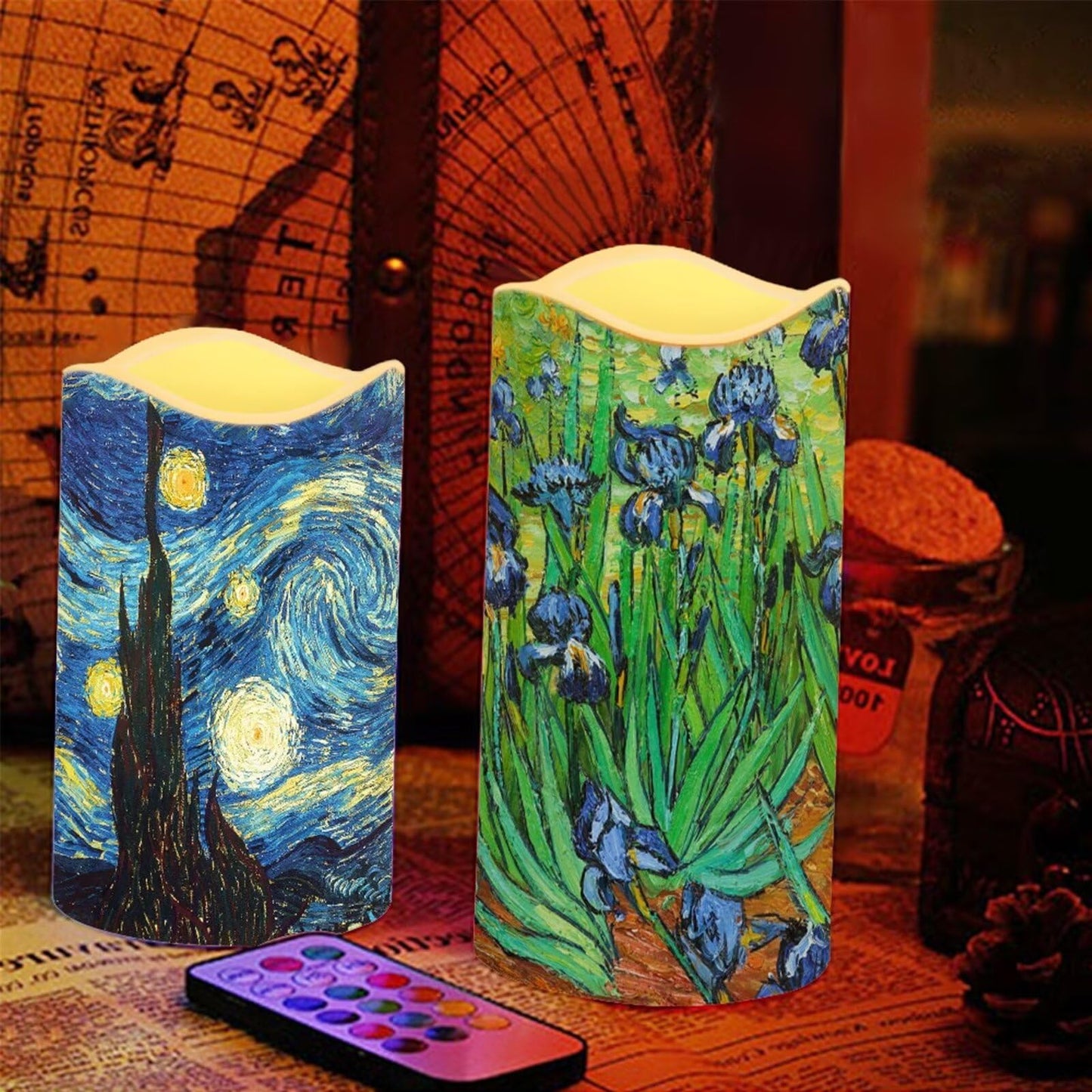 Ystardream Van Gogh Starry Night Flameless Candles Plastic Moving Flickering LED Candles with Remote Color Changing & Timer,4 Packs