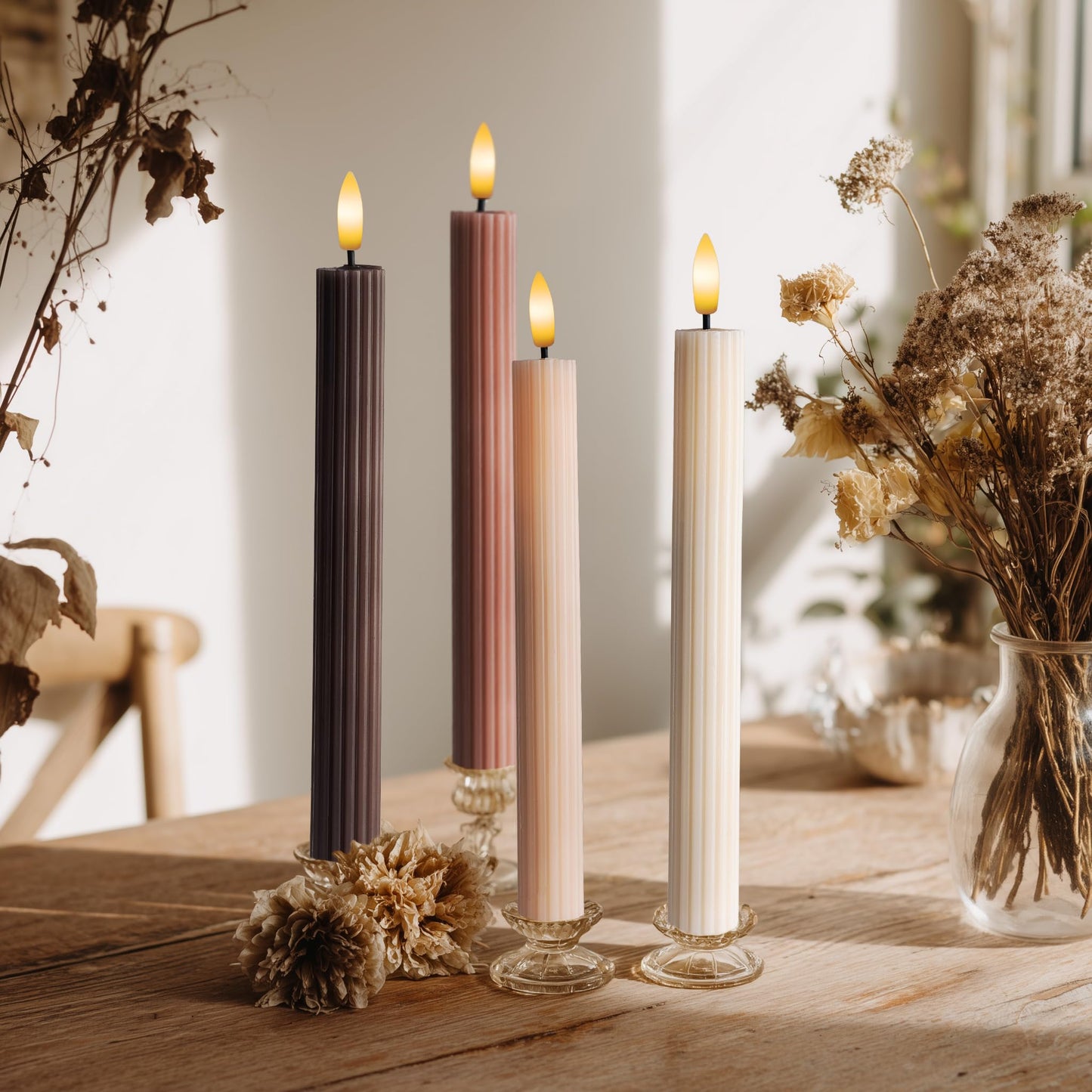 WYZworks Coordinated Chocolatey Mocha Brown 4 Pack, 10" Real Wax LED Flameless Fluted Ribbed Grooved Taper Candles, Remote & Timer Memory, On/Off Button, Dimmable, Battery Operated, Menorah Wedding