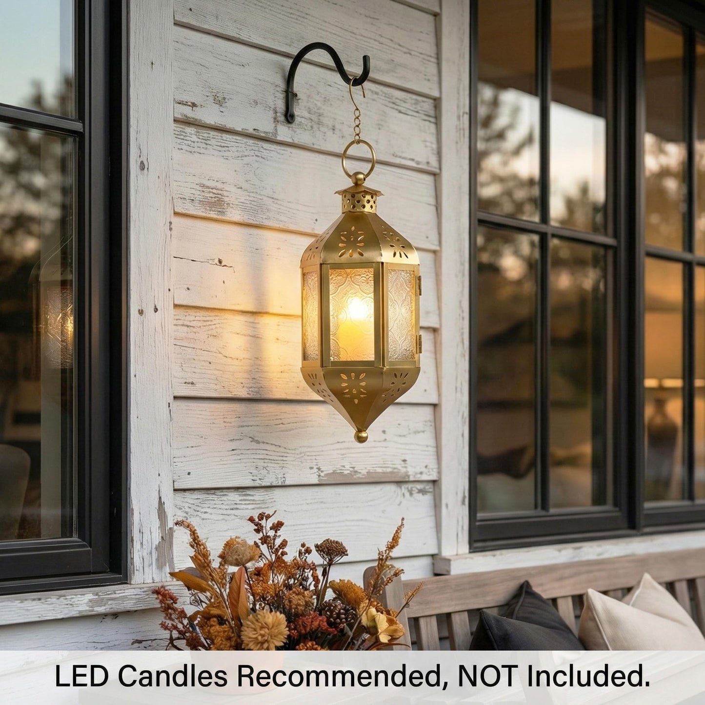 Vela Lanterns Hanging Moroccan Lamp - Exotic Decorative Patio & Porch Decor, Indoor Outdoor Tea Light Candle Lantern Holder with Chain (11" Medium, Gold)
