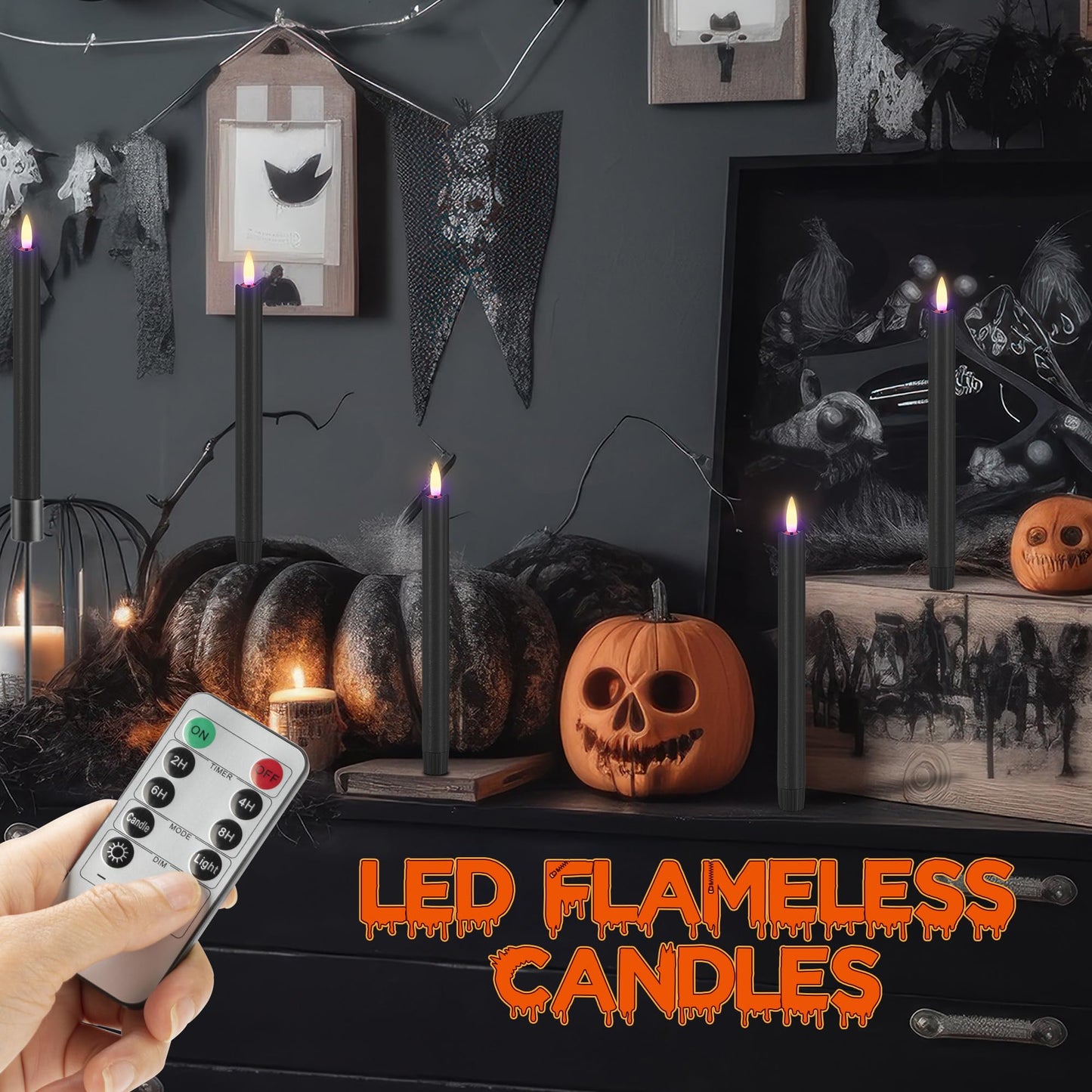 AFINETH Black Flameless Taper Candles with Remote, 9.6" Halloween Battery Operated Candles 3D Wick, 6 Pack Real Wax Led Candlesticks Flickering Electric Candle for Halloween, Home, Party Decor