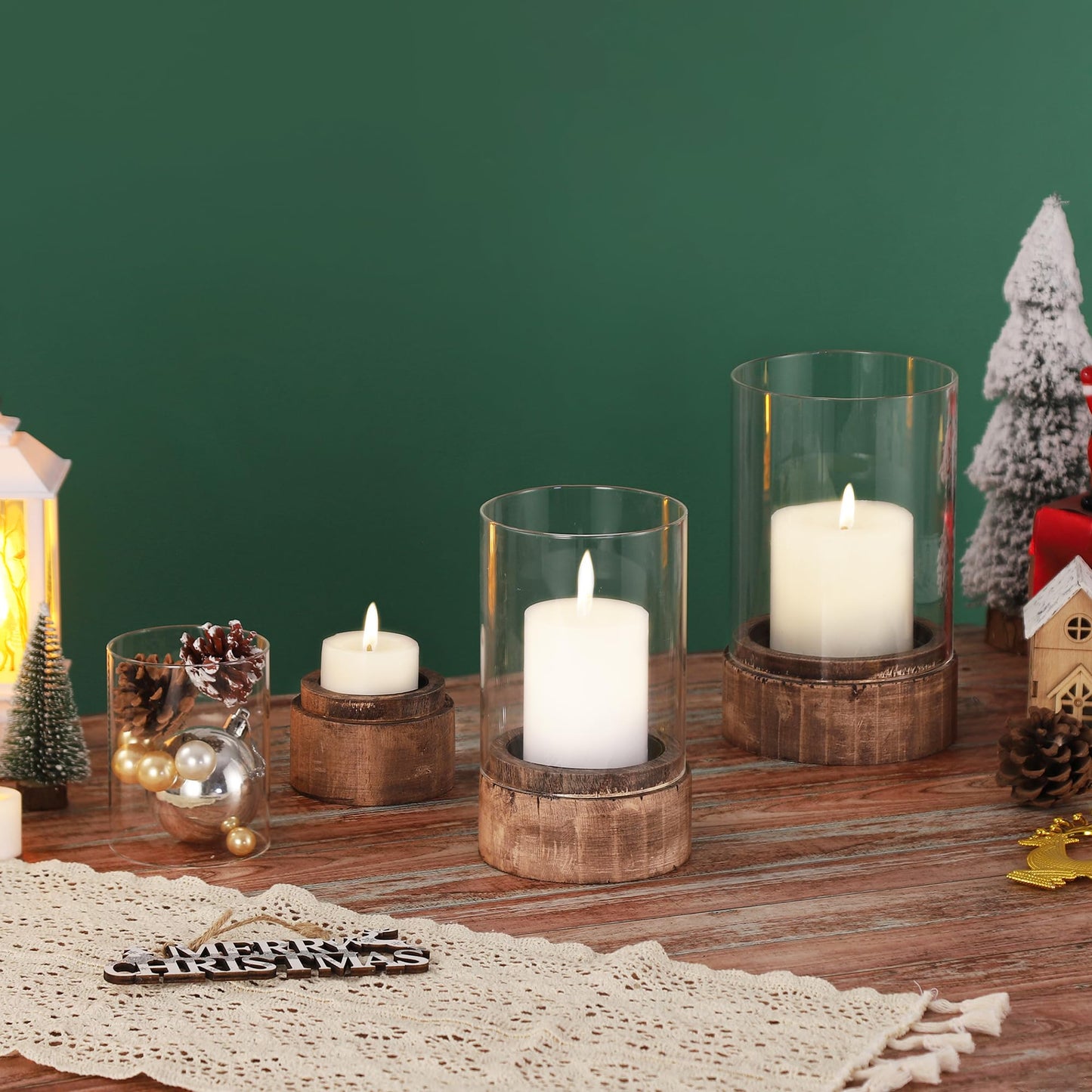 Set of 3 Glass Hurricane Candle Holders for Pillars with Vintage Natural Solid Wooden Bases, Farmhouse Candle Holder, Candle Stand, Candlestick Holders, Centerpiece for Home, Table, Wedding