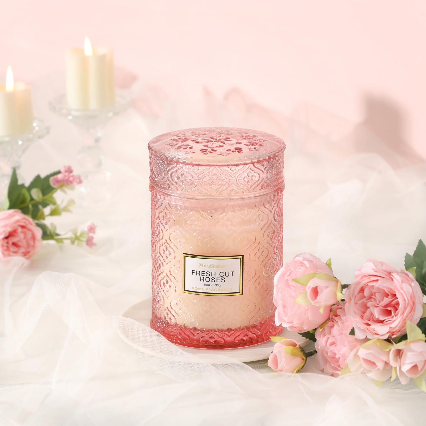 Rose Scented Candles,Pink Candles Gifts for Women, Valentine Luxury Large Decorative Candle in Glass, 19oz Natural Soy Wax for Home