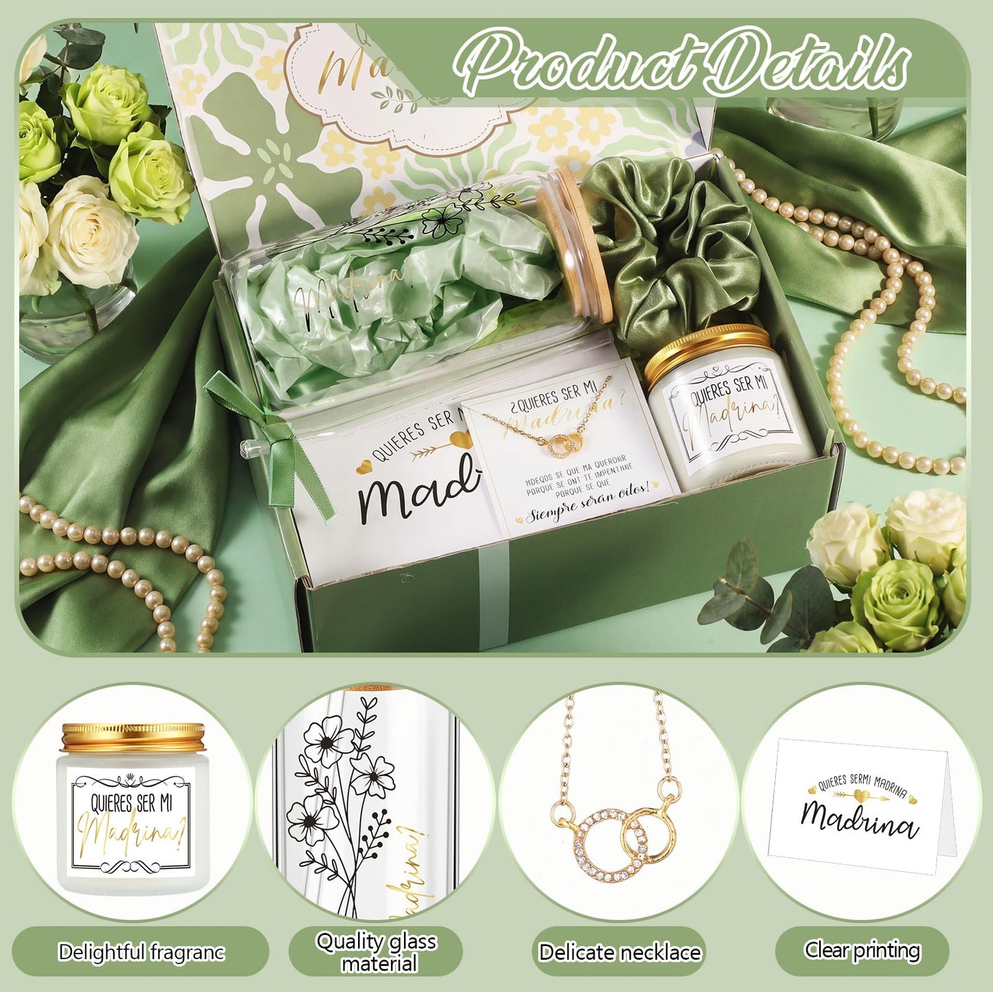 Singhoow 6 Pcs Godmother Proposal Gift Set, Will You Be My Godmother Gift Box, 16oz Glass Cup, Necklace & Scented Candle from Godchild for Baptism Mother’s Day Birthday(Spanish,Sage Green)