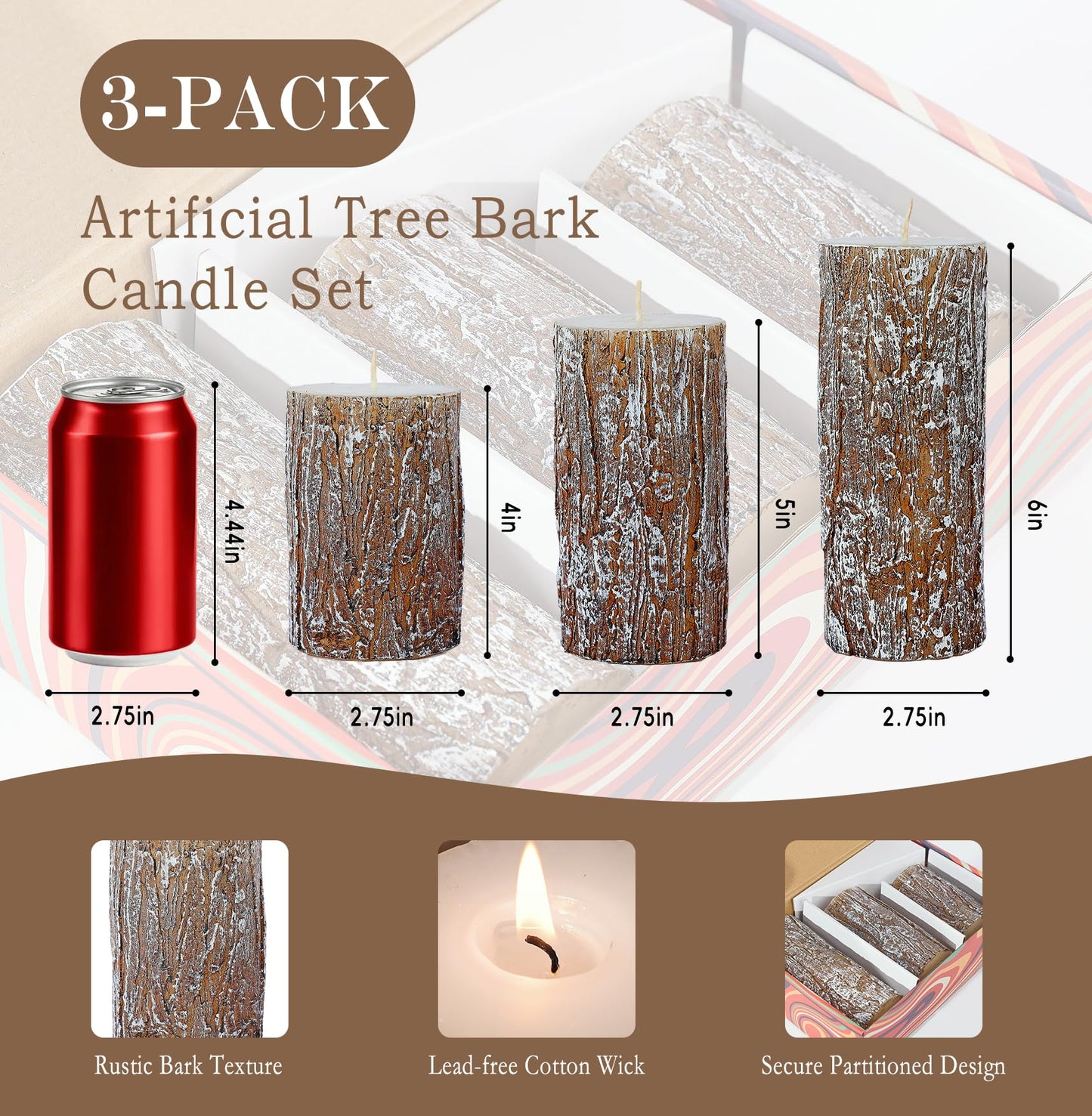 Classic Pine Tree Bark Texture Pillar Candles Set - Real Wax 3 Sizes (4", 5", 6" Tall) Rustic Decor Fireplace Candles, Unscented Woodland Style Pillar Candle for Home, Dining Table, Holiday Decor