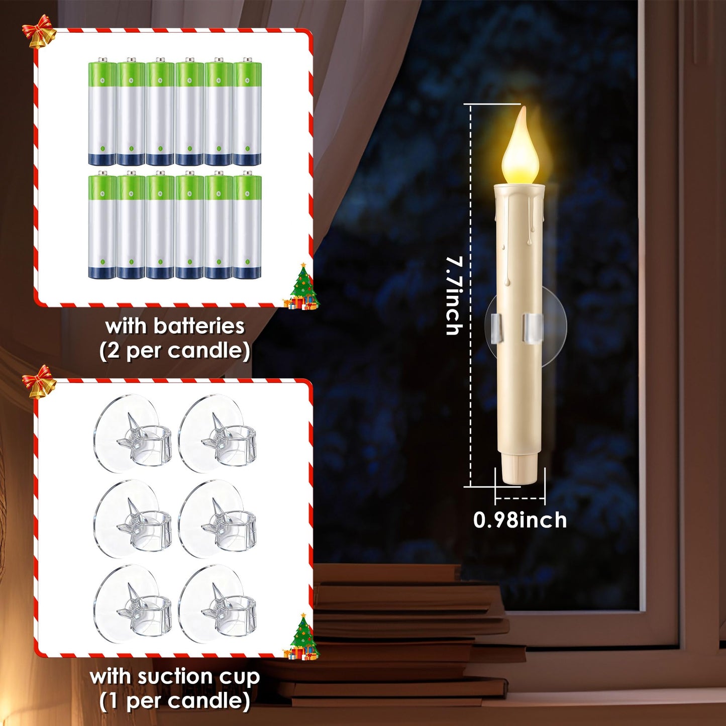 Enhon 6 Pcs Battery Operated Window Candles, Ivory LED Christmas Window Candles with Sensor Dusk to Dawn, Cordless Flameless Taper Candlestick with Battery & Suction Cup for Xmas Wedding Decorations