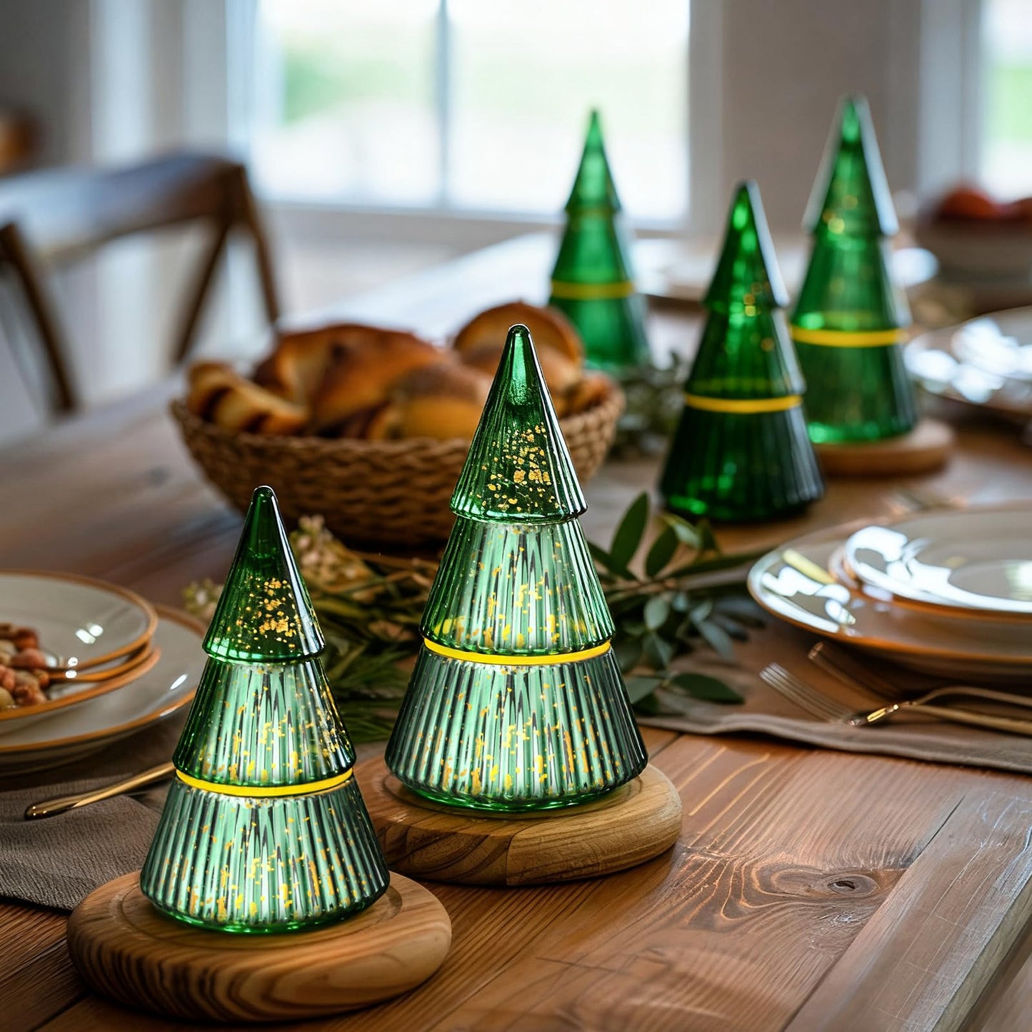 Vesici 3 Pcs 10 oz Christmas Tree Glass Candle Jars Mercury Glass Tree Decorative Xmas Empty Containers Bulk Refillable Storage for Christmas Holiday Candle Making Tea Biscuits Party Favors(Green)